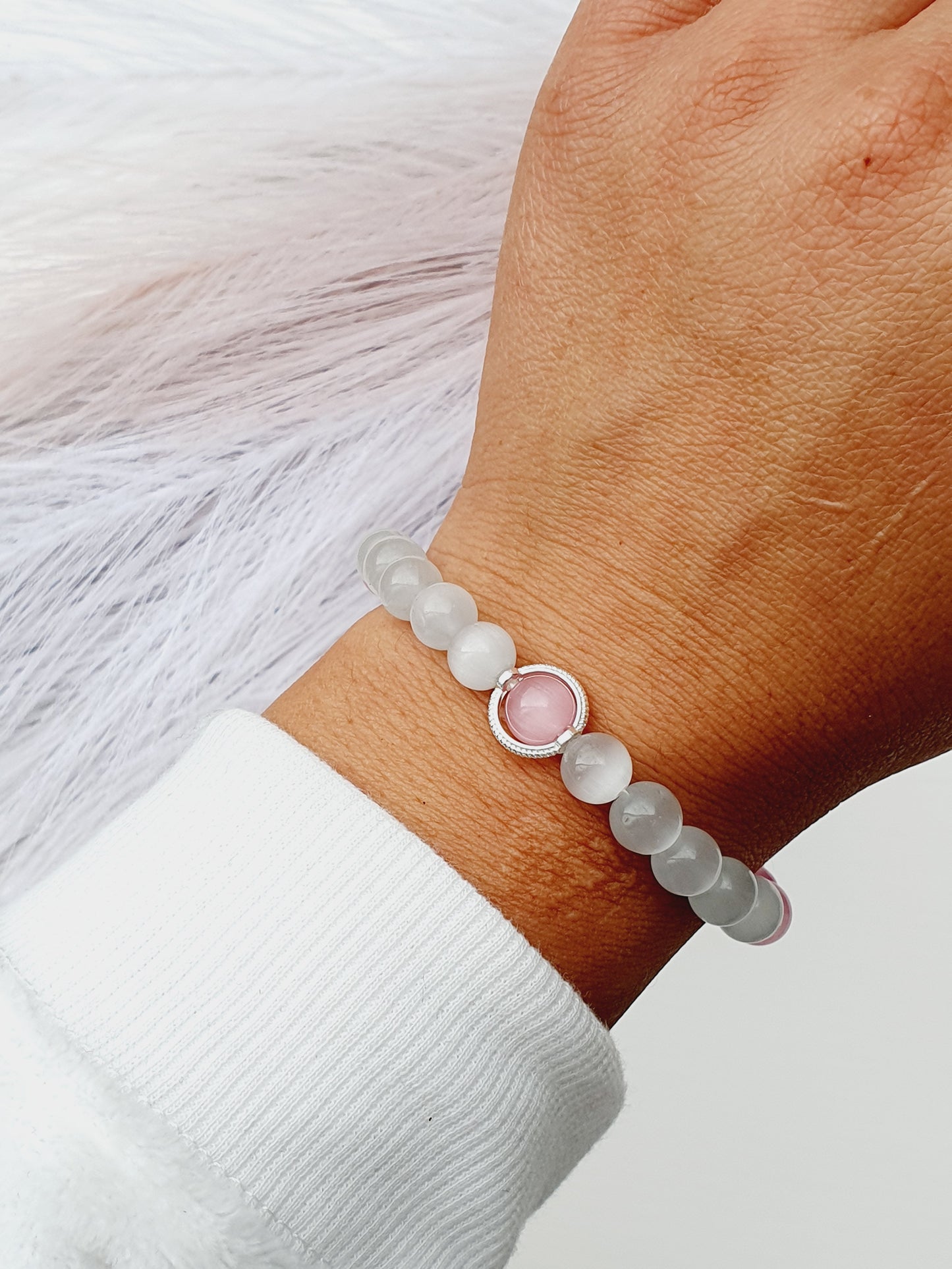 Cat eye bracelet natural stone 8mm bead with silver plated circle