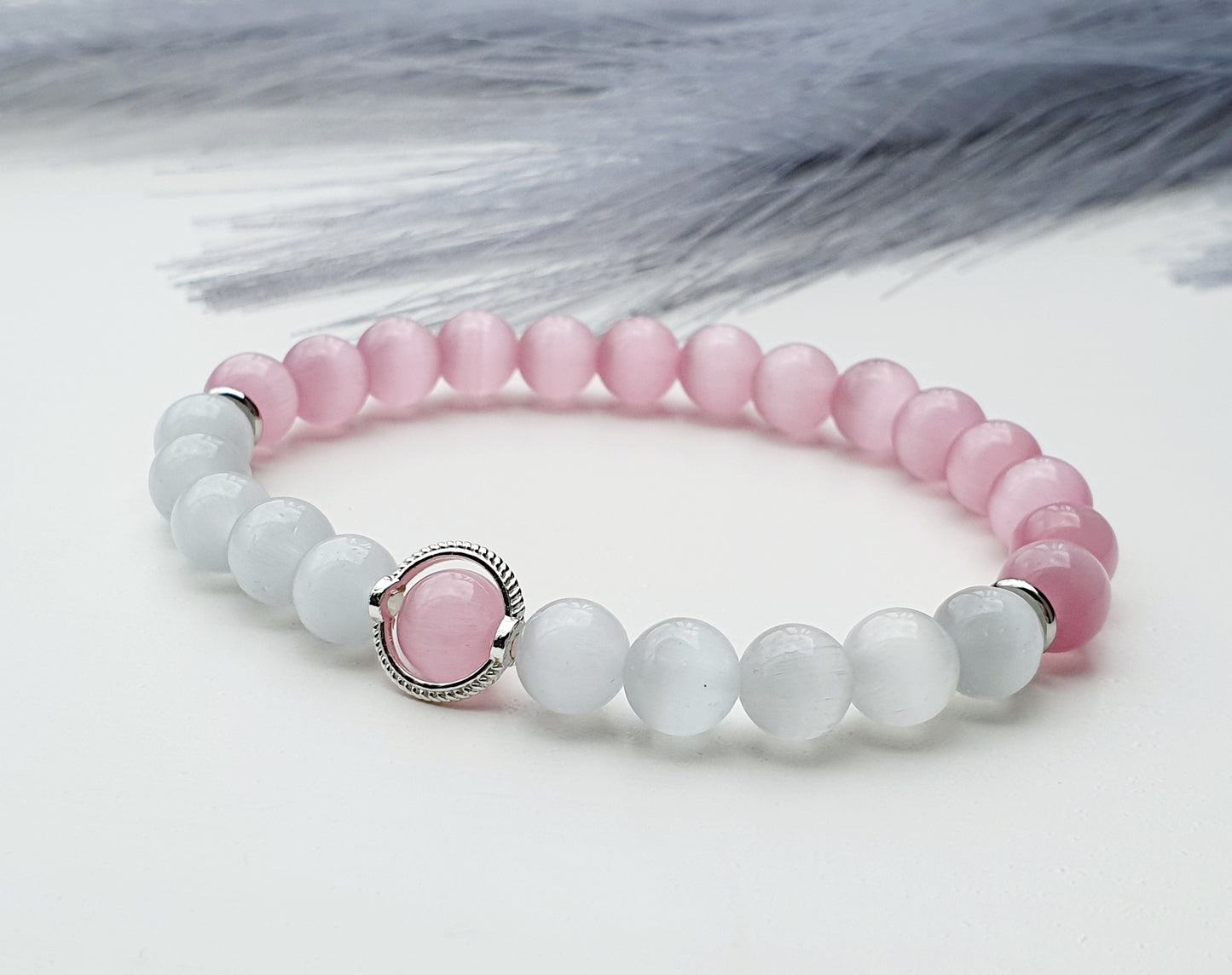 Cat eye bracelet natural stone 8mm bead with silver plated circle