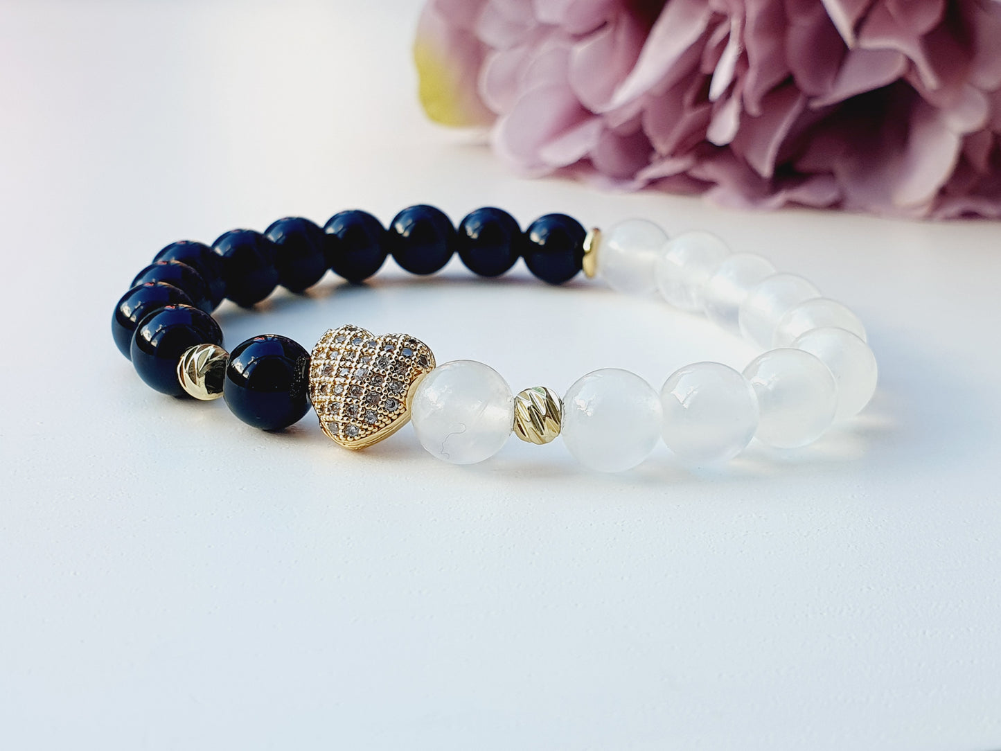 Selenite and Obsidian gemstone bracelet with gold plated zircon heart 8mm bead