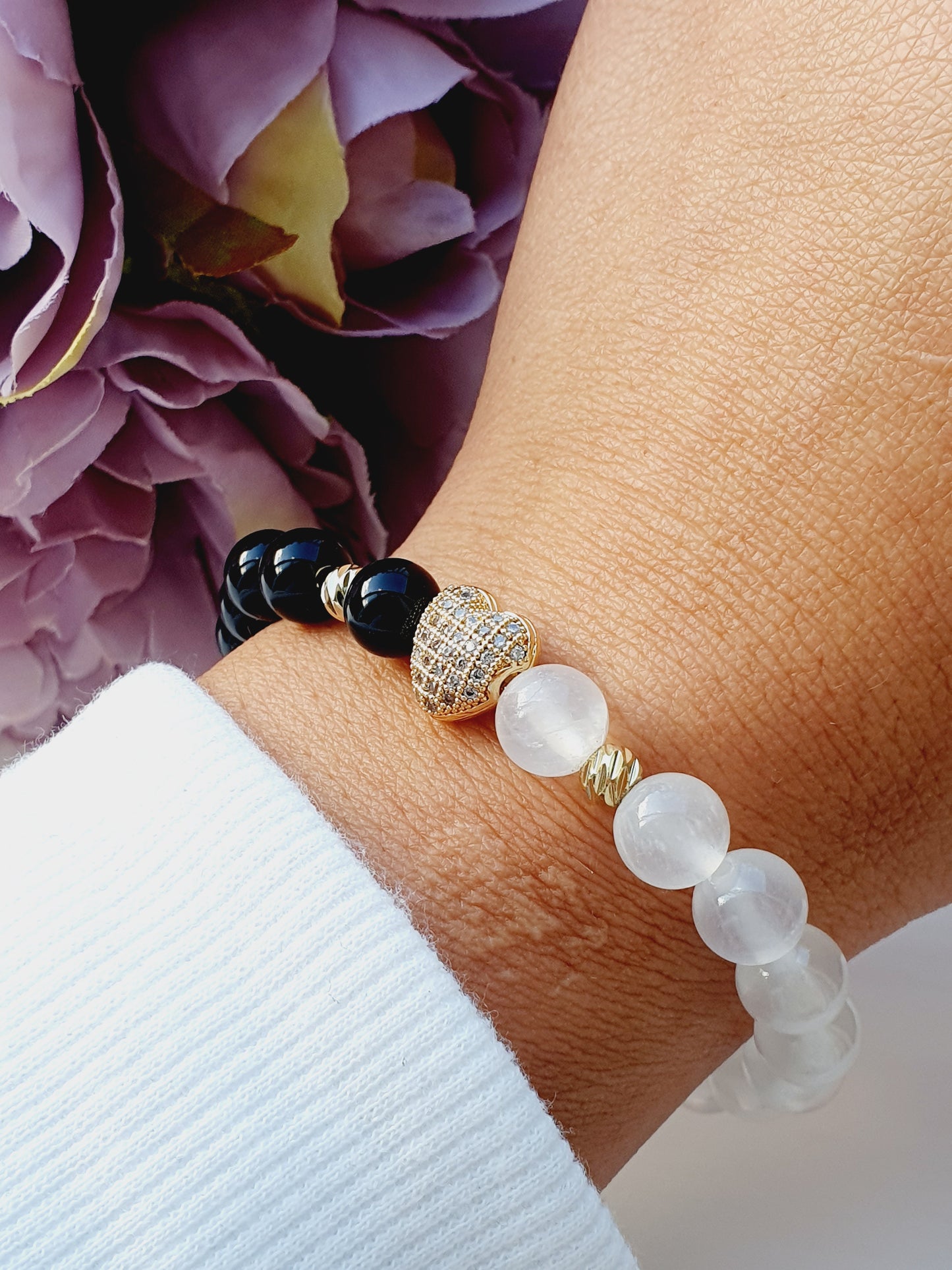 Selenite and Obsidian gemstone bracelet with gold plated zircon heart 8mm bead