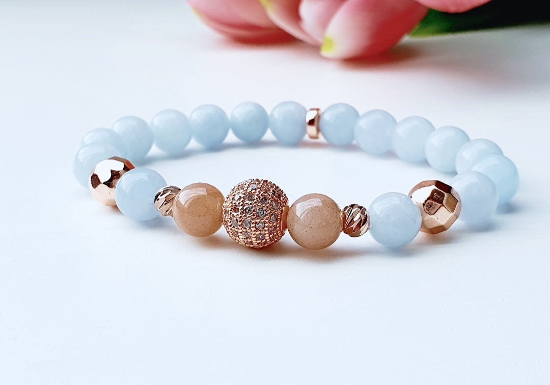 Aquamarine and Sunstone natural stone bracelet 8mm beaded, rose gold spacer, gift box jewellery