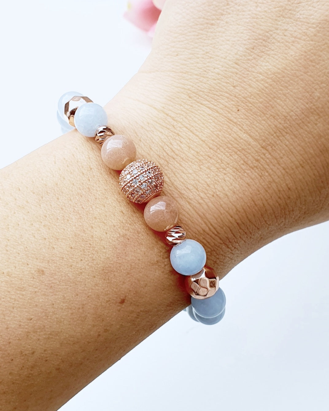 Aquamarine and Sunstone natural stone bracelet 8mm beaded, rose gold spacer, gift box jewellery