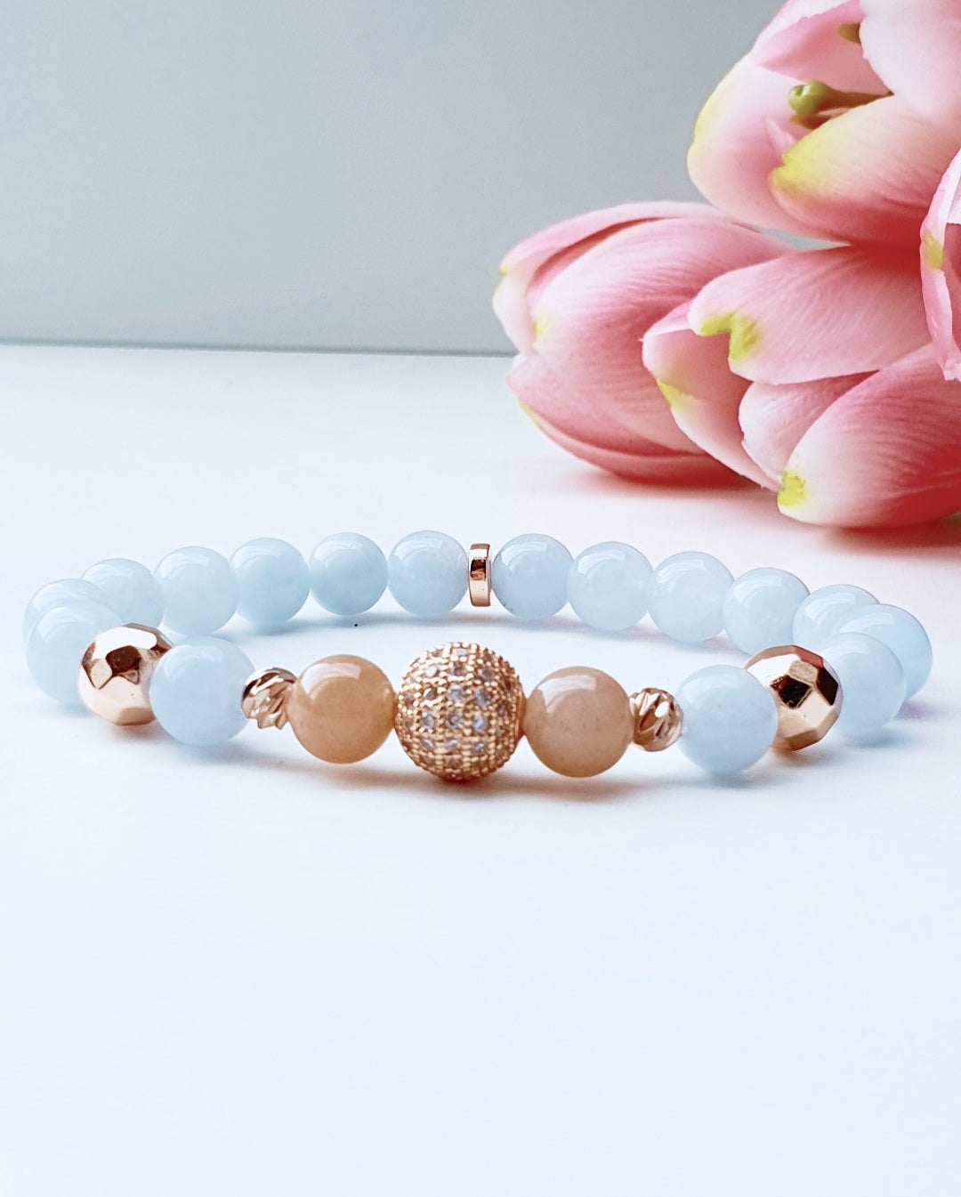 Aquamarine and Sunstone natural stone bracelet 8mm beaded, rose gold spacer, gift box jewellery