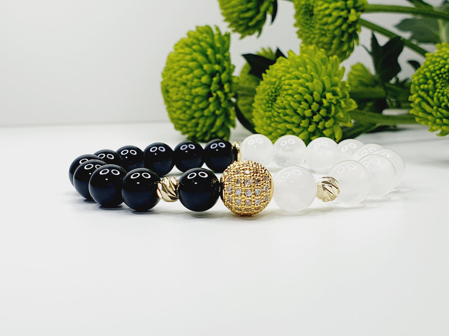 Selenite and Obsidian gemstone bracelet with gold plated zircon round 8mm bead