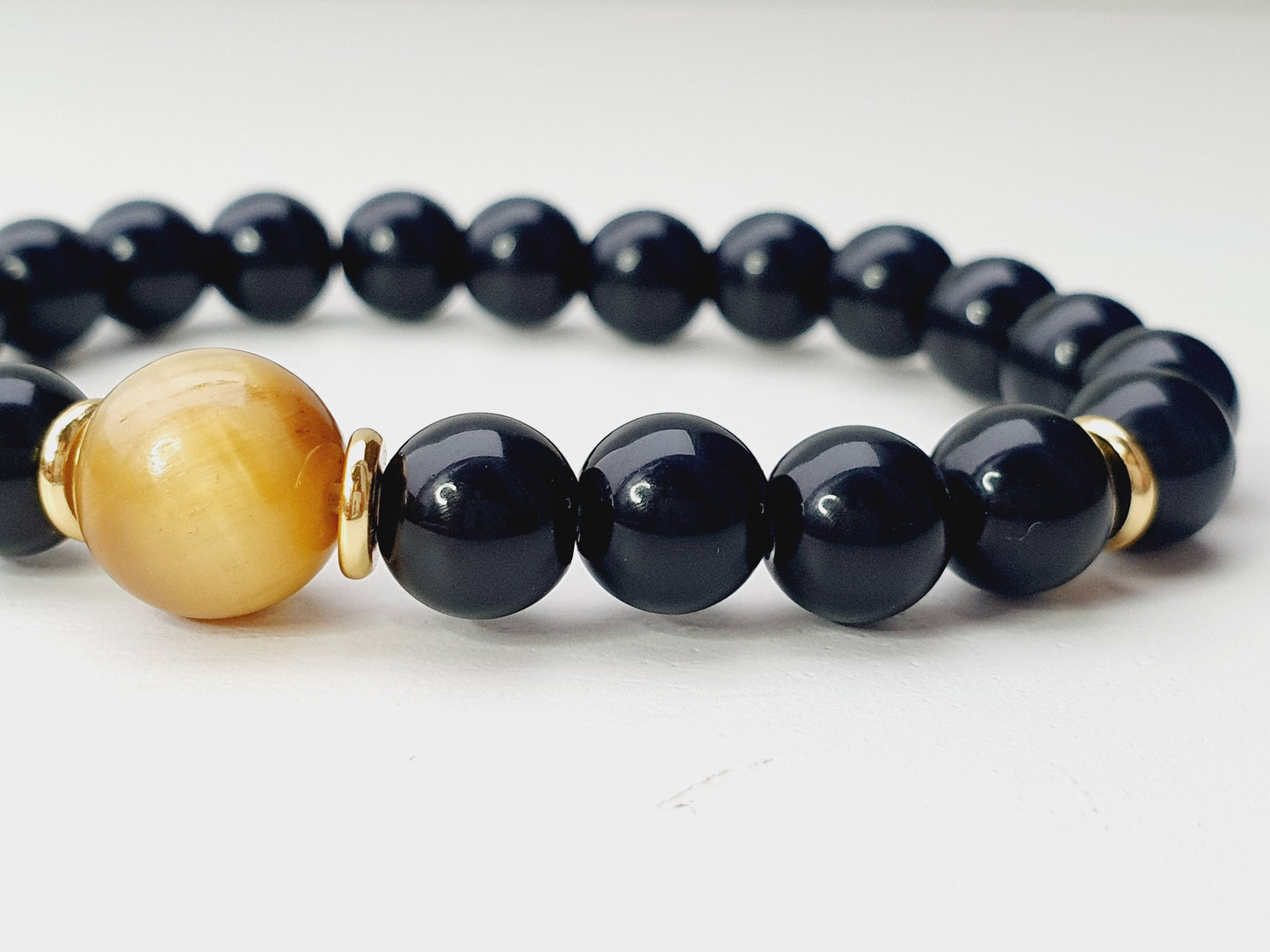 Black Onyx and Tiger eye bracelet from natural stone, gift box jewellery, gemstone, handmade in Uk