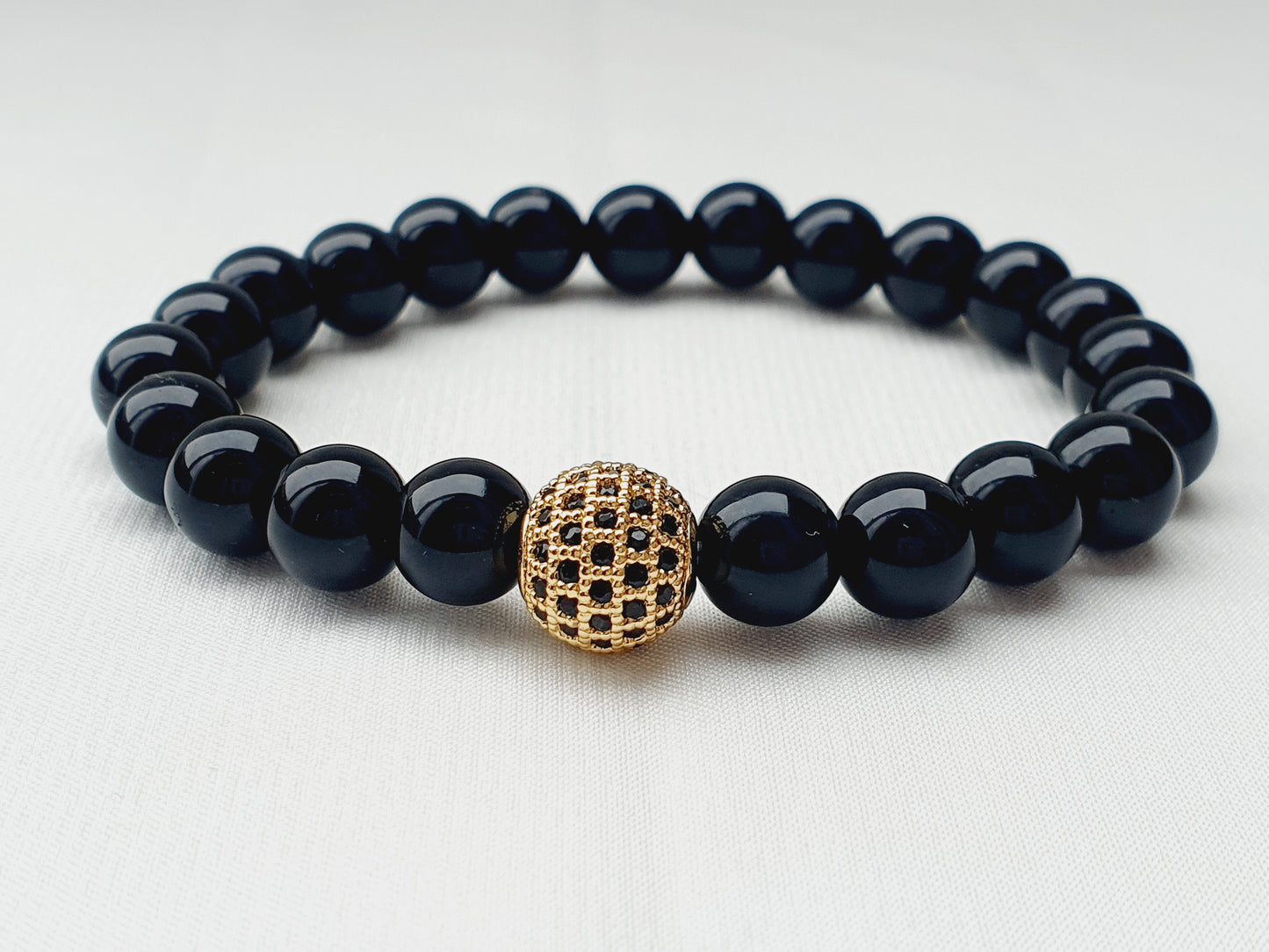 Obsidian natural stone jewellery set, bracelet earrings and necklace, 8mm beaded, 18k gold plated, Uk