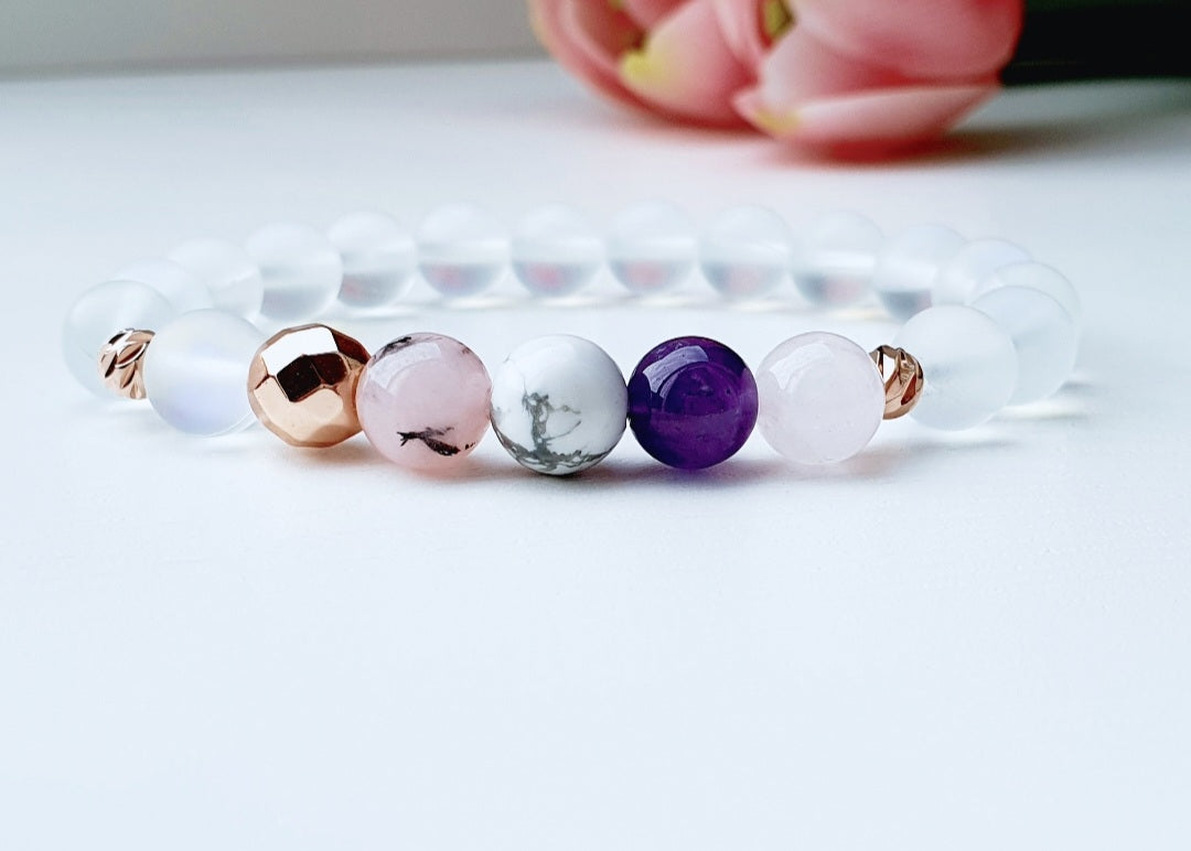 Moonstone, Rose Quartz, Howlite, Opal Amethyst, bracelet from natural stone 8mm beaded, rose gold spacer, gift box jewellery, UK
