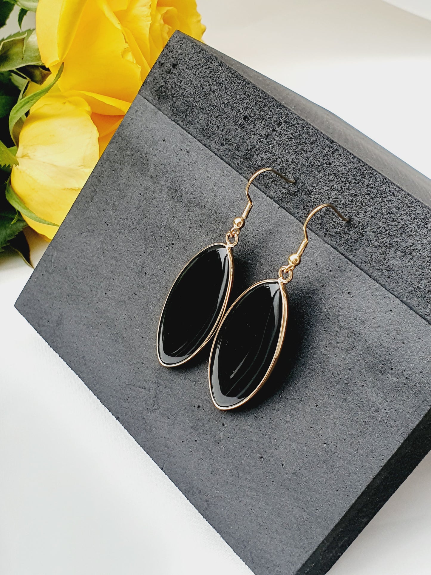 Earrings from natural stone Obsidian, 18k gold plated, gift box jewellery, Handmade in Uk