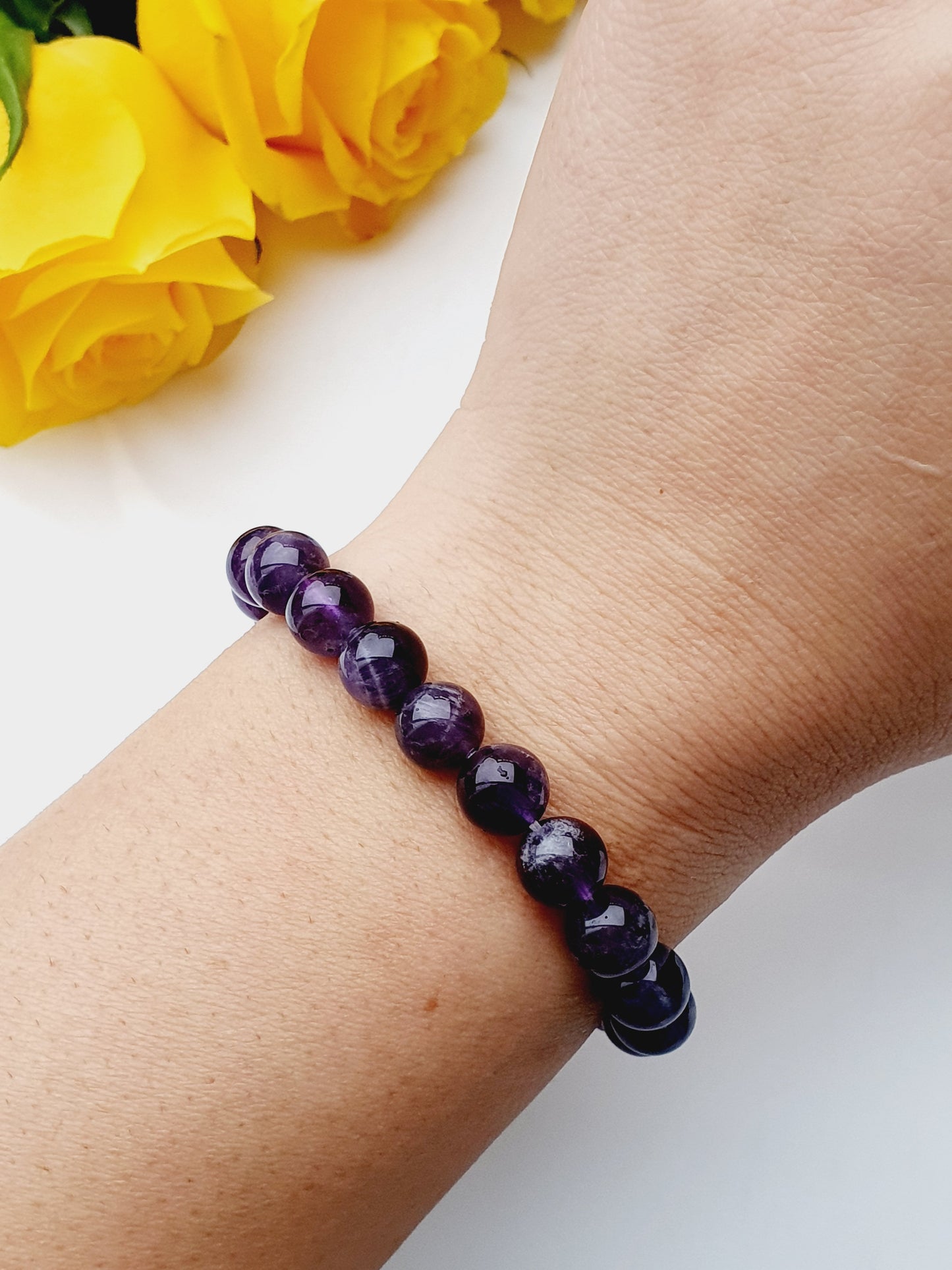Amethyst natural stone jewellery set, bracelet and earrings, 8mm beaded, Silver plated, Handmade in Uk