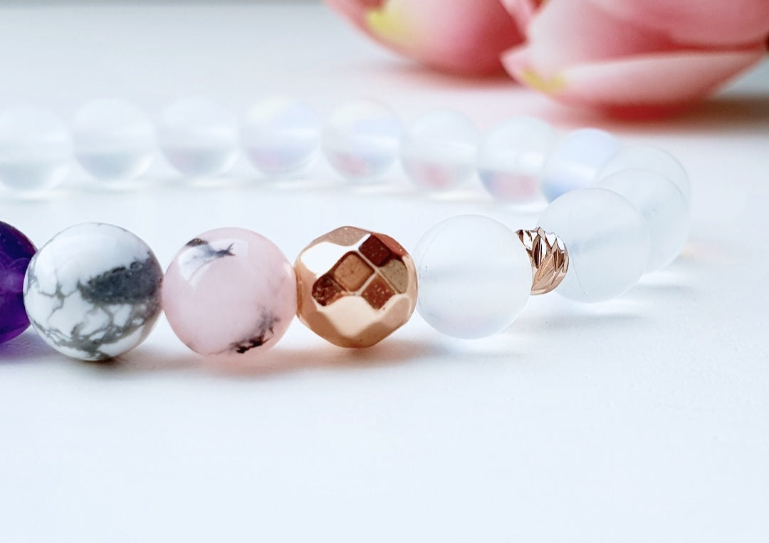 Moonstone, Rose Quartz, Howlite, Opal Amethyst, bracelet from natural stone 8mm beaded, rose gold spacer, gift box jewellery, UK