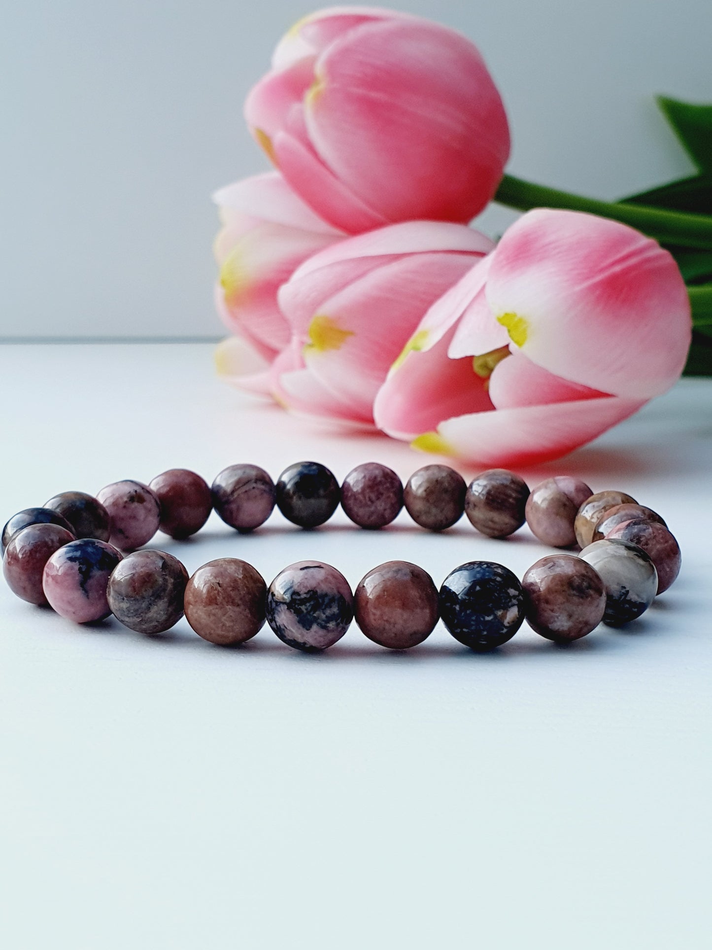 Rhodonite bracelet from natural stone 8mm beaded, gift box jewellery