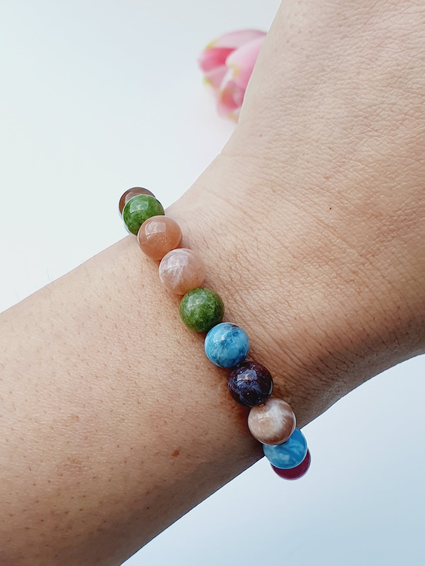 Bracelet From Natural Stone Larimar Tourmaline Sunstone Agate Emerald 8mm Beaded, Gift Box Jewellery