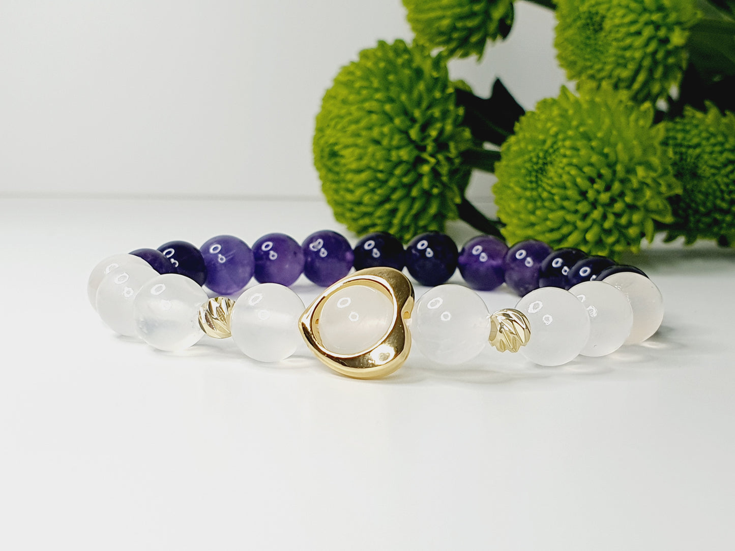 Selenite and Amethyst natural stone bracelet 8mm bead