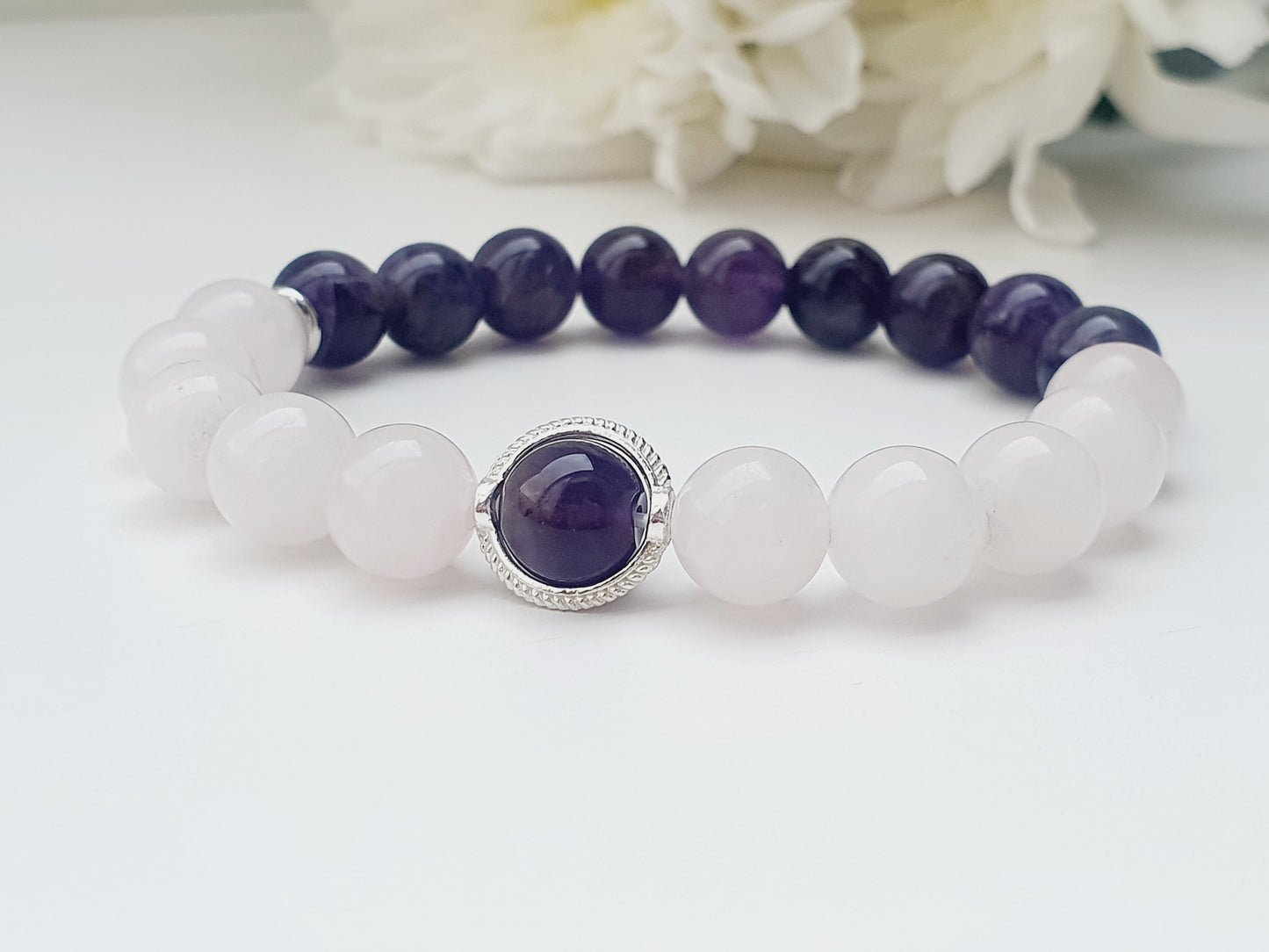Rose Quartz and Amethyst natural stone bracelet 8mm bead