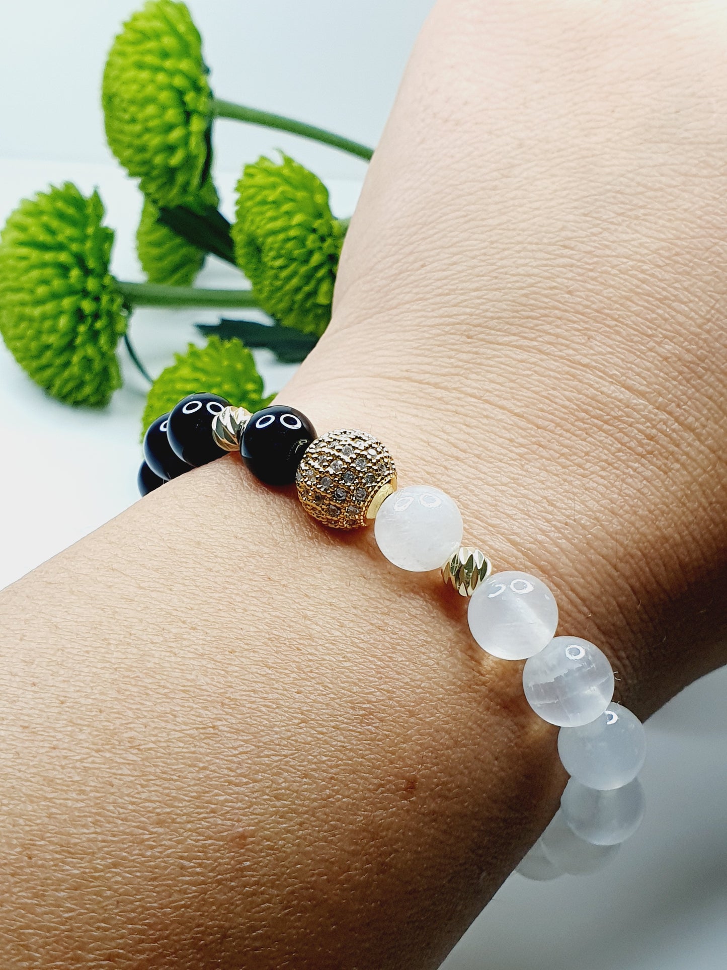 Selenite and Obsidian gemstone bracelet with gold plated zircon round 8mm bead