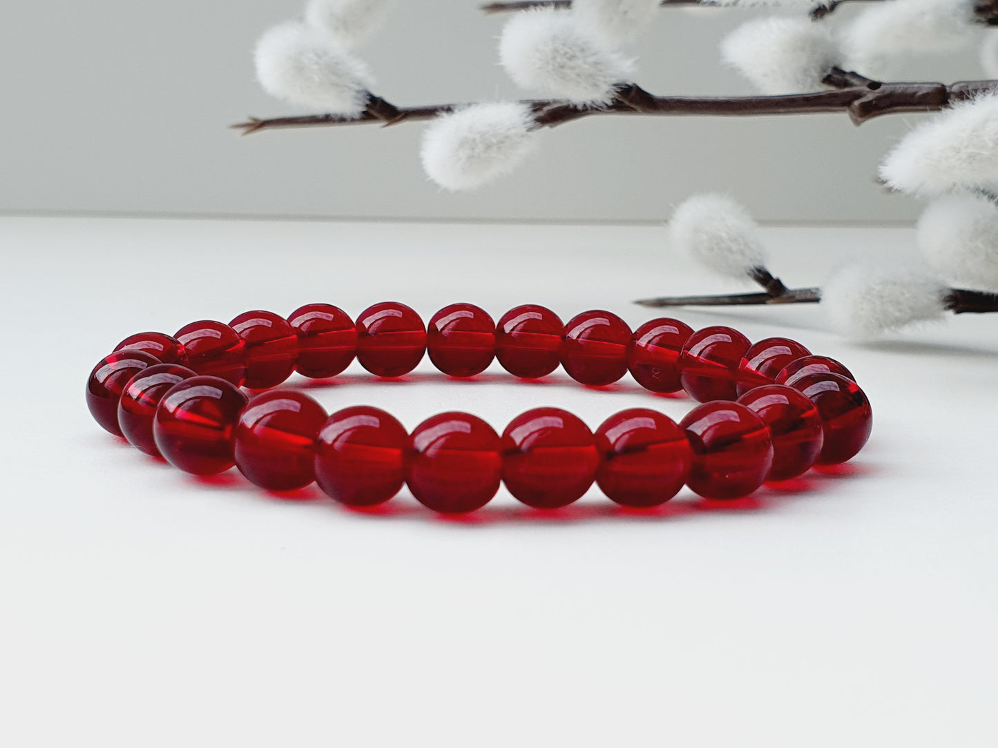 Garnet natural stone jewellery set, bracelet and earrings 925 silver, 8mm beaded