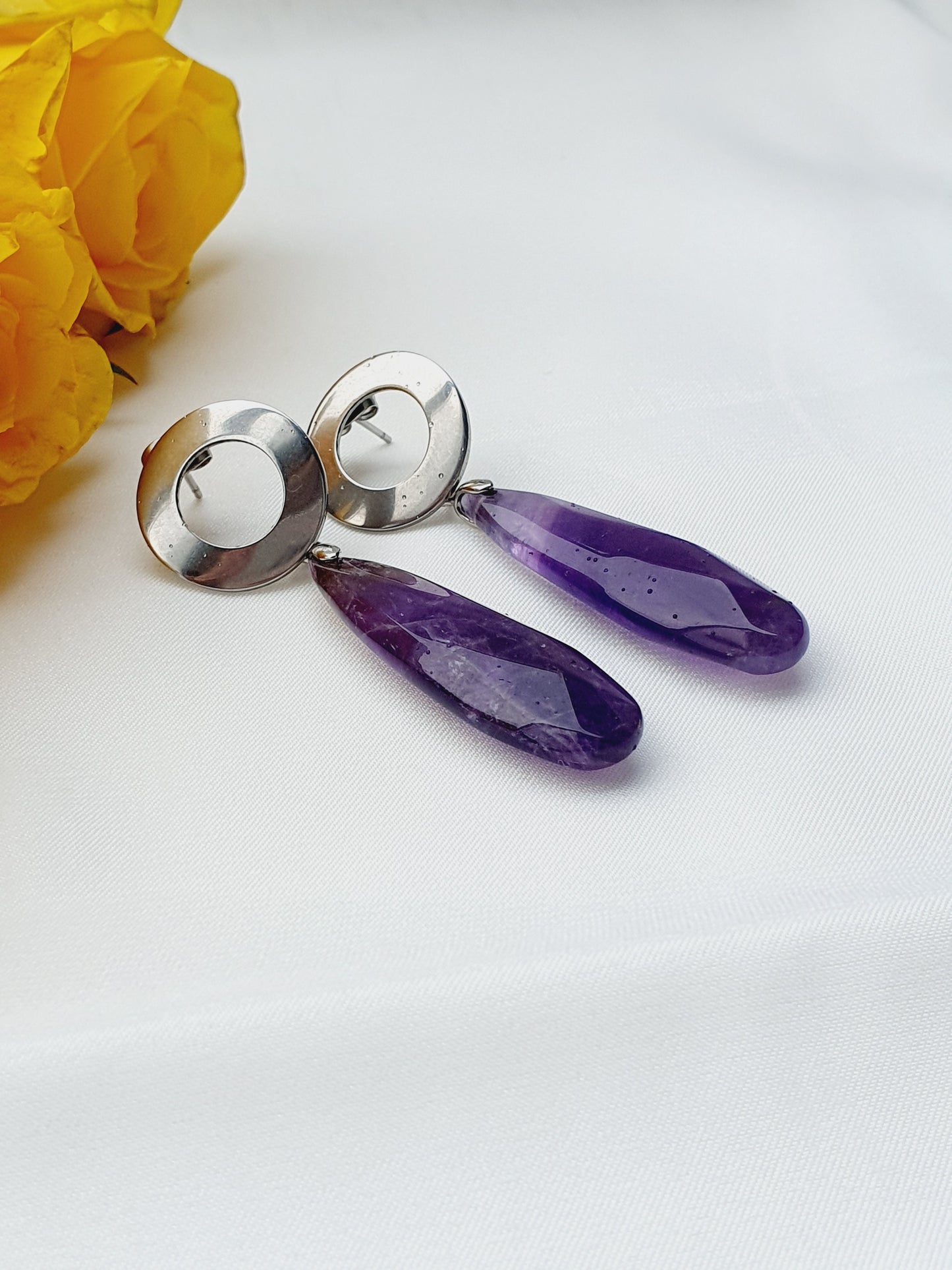 Earrings from natural stone Amethyst, silver plated, gift box jewellery, Handmade in Uk