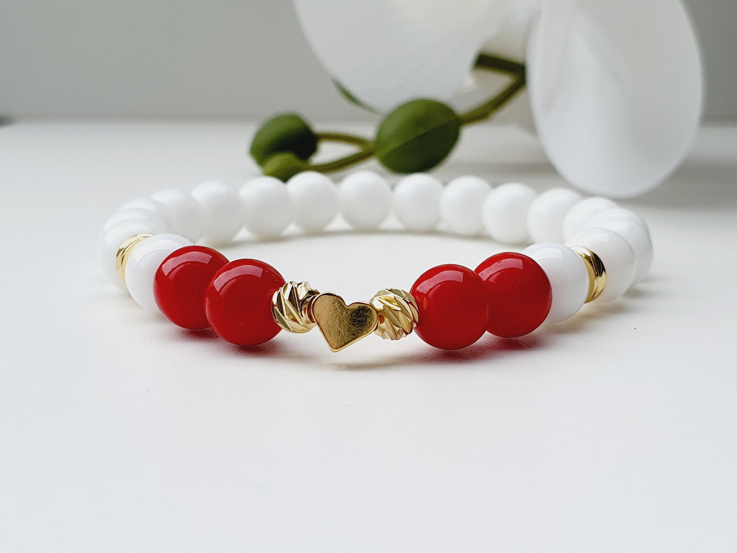 Onyx and Coral natural stone bracelet with heart gold plated 8mm bead