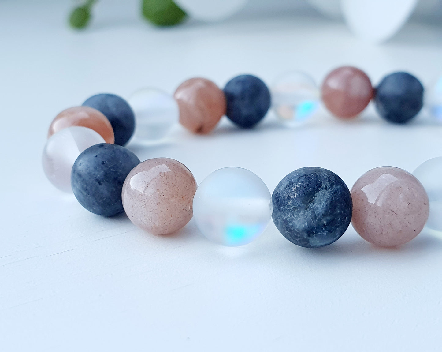 Bracelet From Natural Stone Labradorite Sunstone Moonstone 8mm Beaded, Gift Box Jewellery