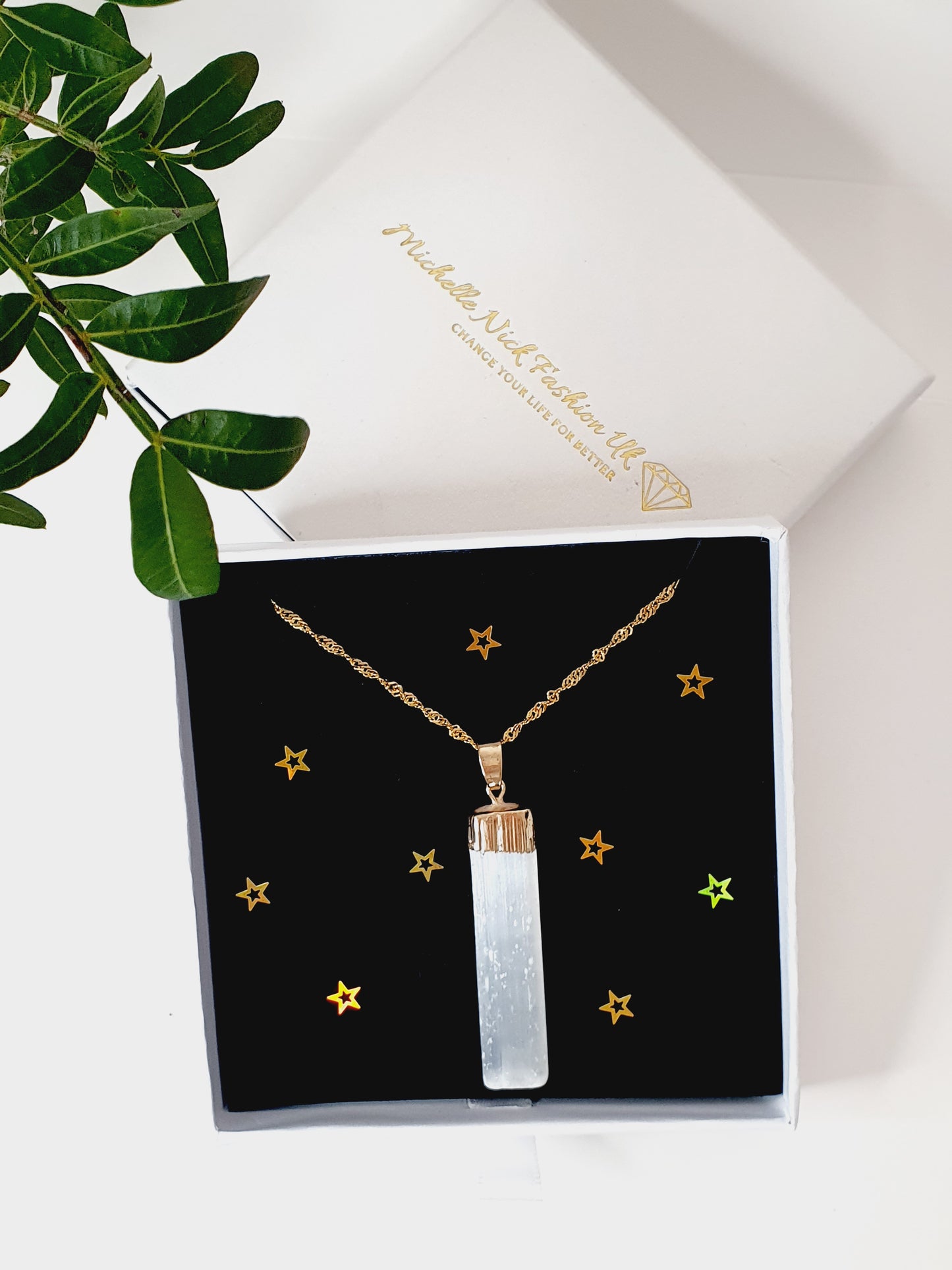 Necklace From Natural Stone Selenite Pendant, 18k Gold Plated, Gift Box Jewellery, Handmade In Uk