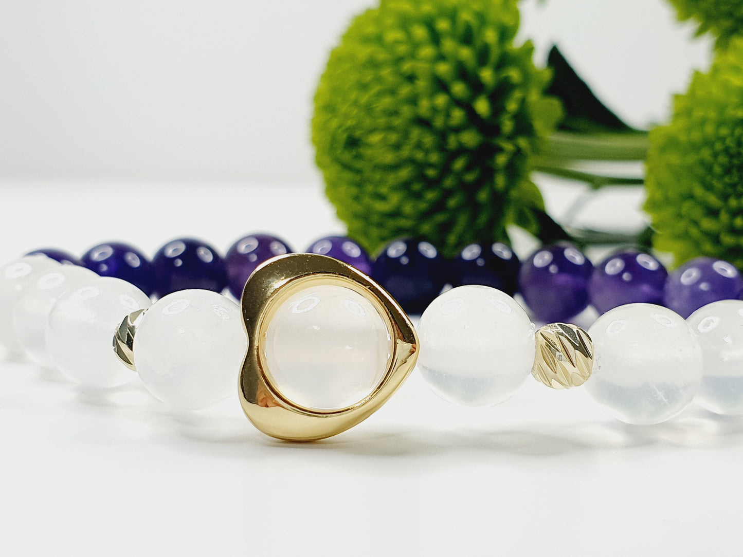 Selenite and Amethyst natural stone bracelet 8mm bead