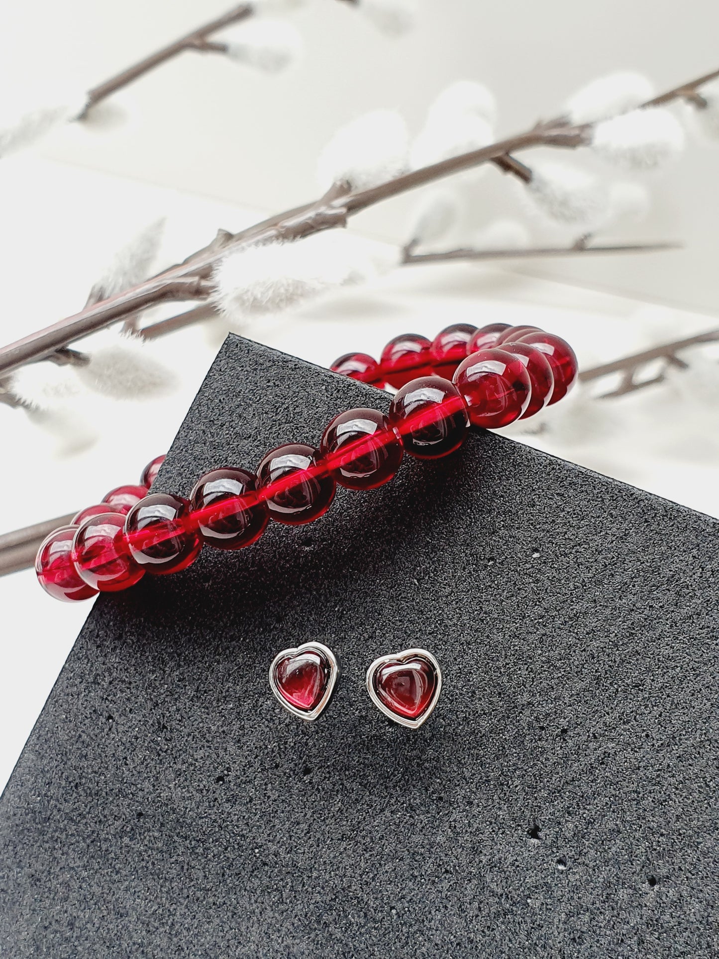 Garnet natural stone jewellery set, bracelet and earrings 925 silver, 8mm beaded