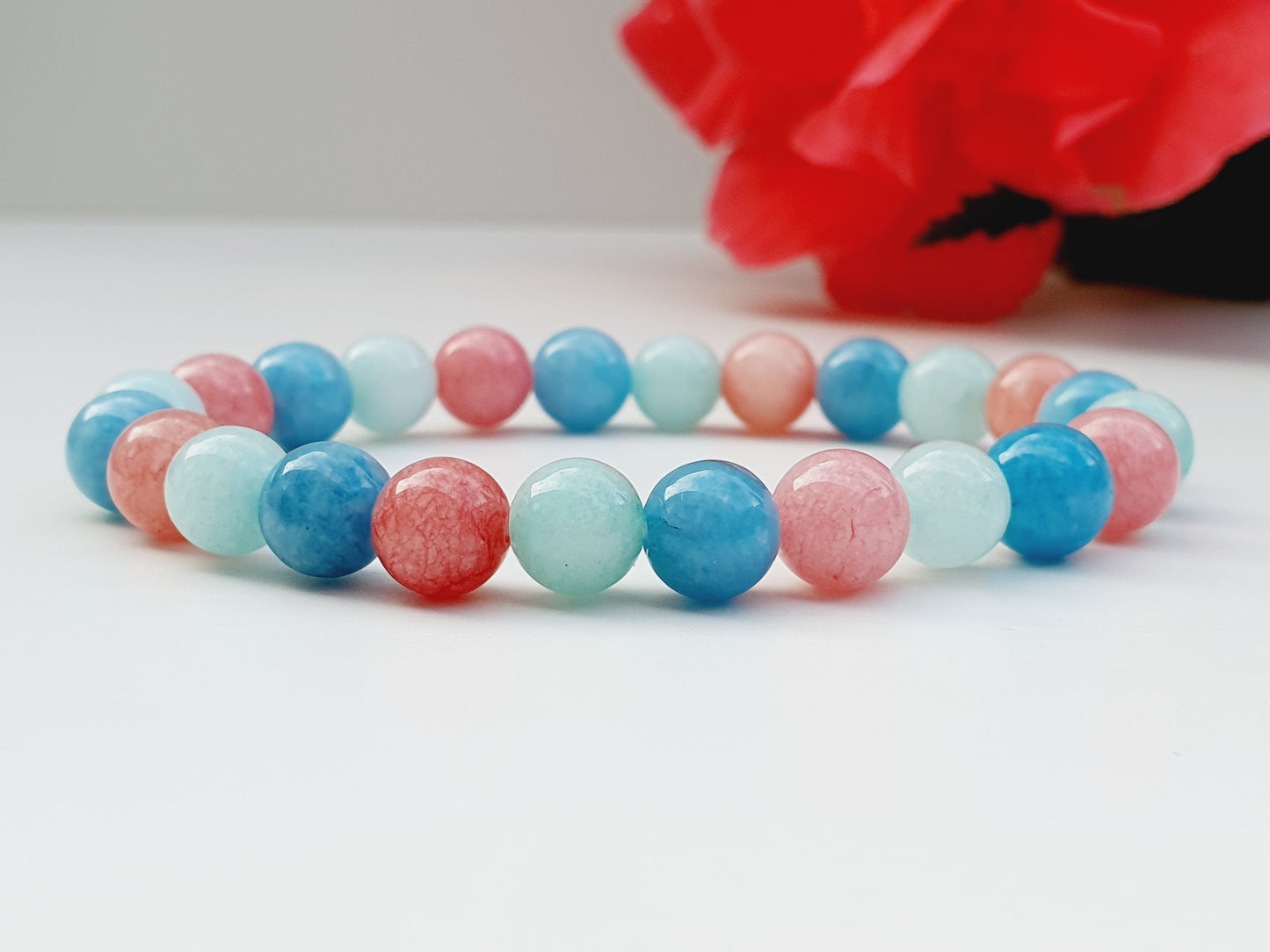Chalcedony natural stone bracelet 8mm beaded, gift box jewellery, UK