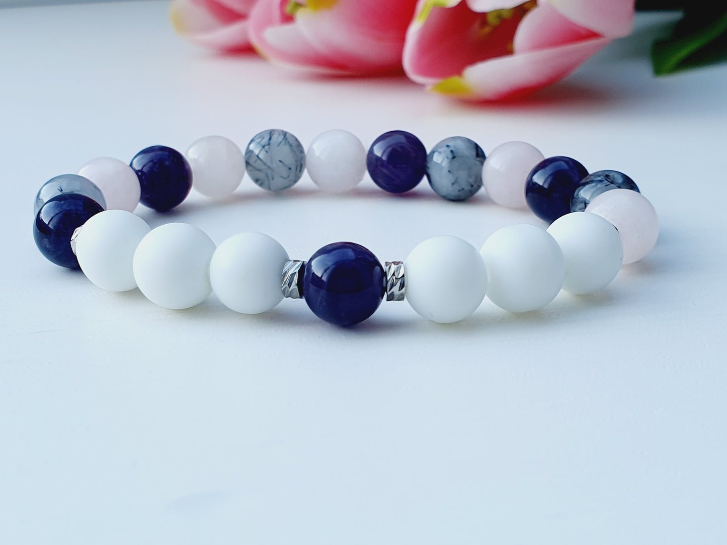 Bracelet from natural stone 8mm beaded Onyx matte, Amethyst, Rose Quartz, Tourmaline Quartz