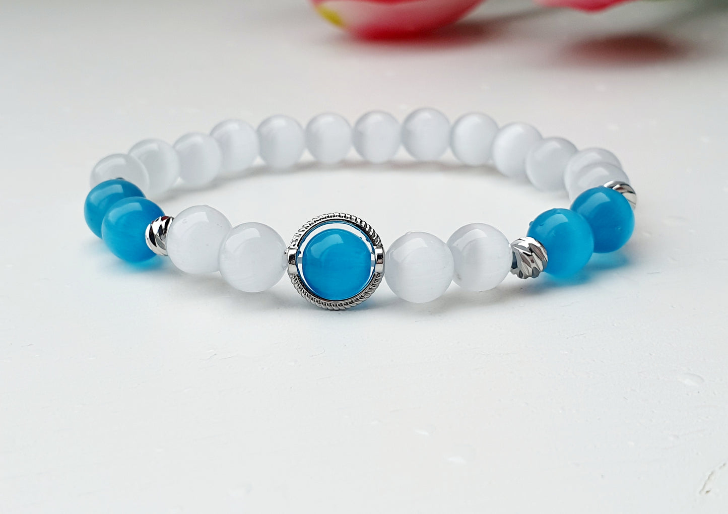 Cat eye gemstone bracelet 8mm bead with silver plated circle