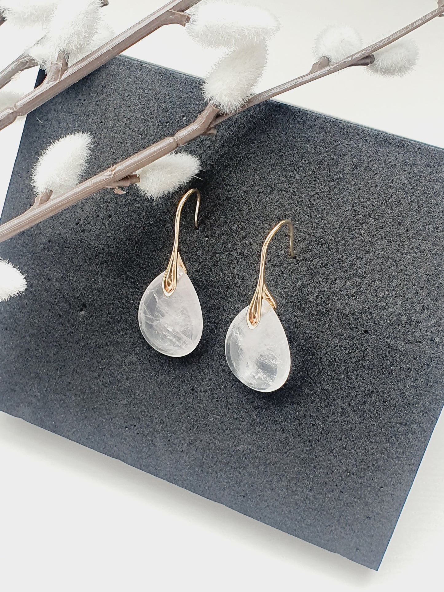 Selenite natural stone earrings 18k gold plated, gift box jewellery, handmade, UK