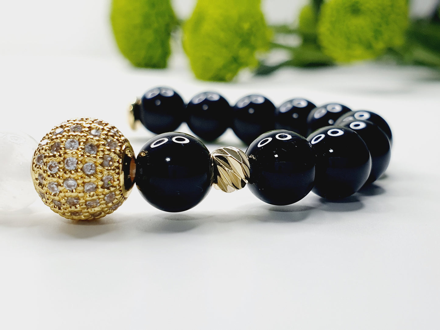 Selenite and Obsidian gemstone bracelet with gold plated zircon round 8mm bead