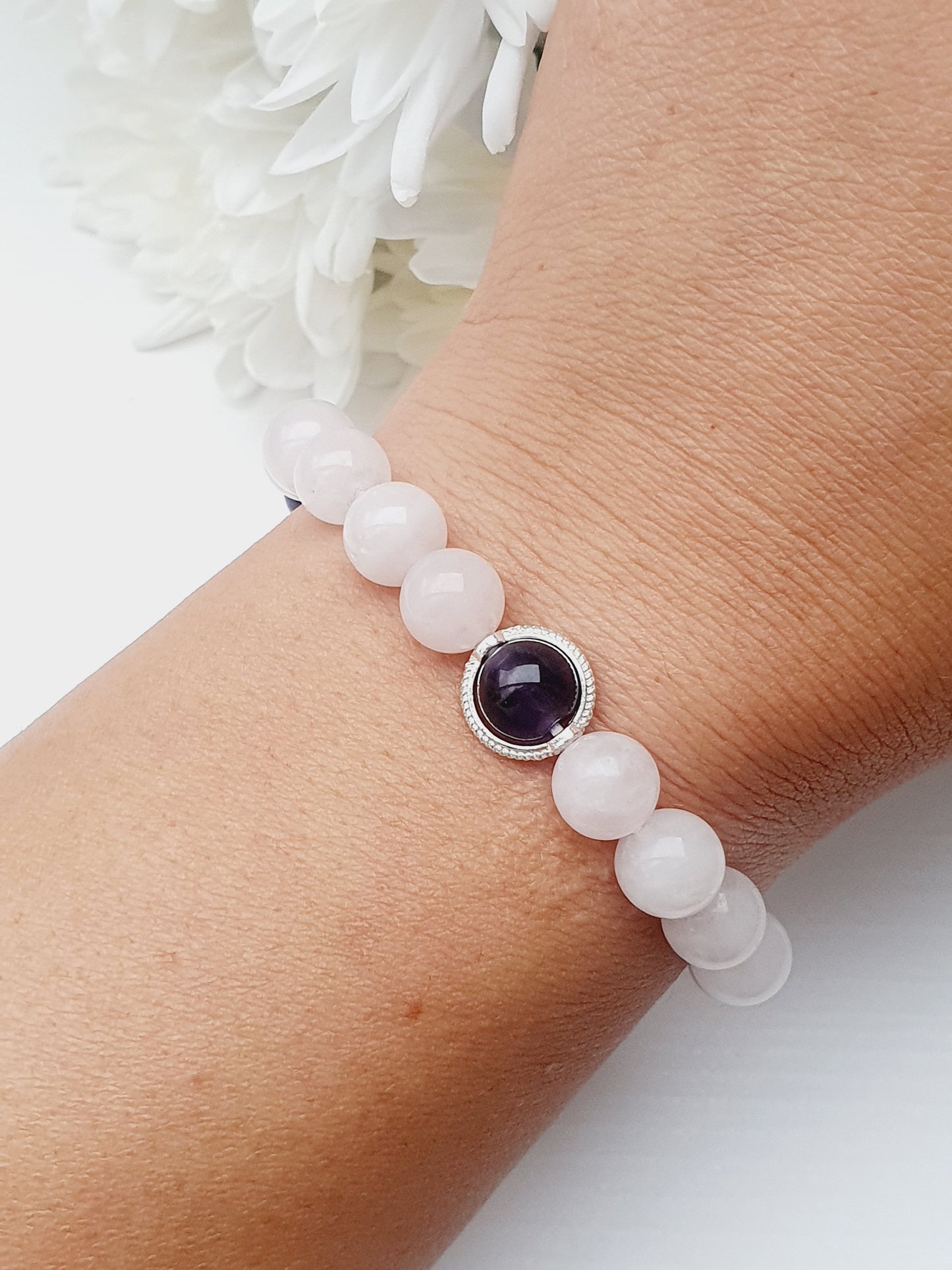 Rose Quartz and Amethyst natural stone bracelet 8mm bead