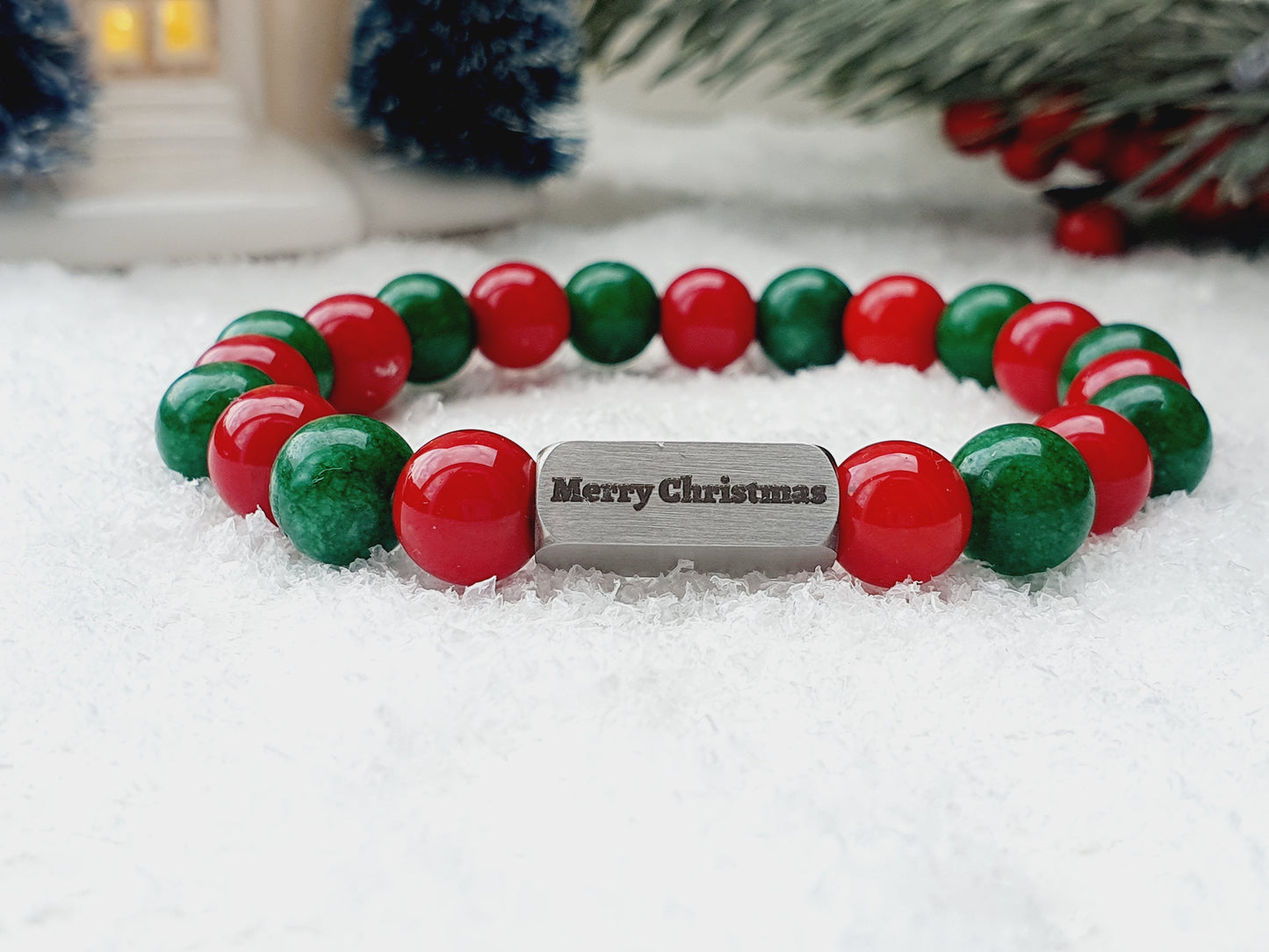 Christmas bracelet from Coral and Jade natural stone 8mm beaded, 304 stainless steel with sign Merry Christmas, gift box jewellery, UK