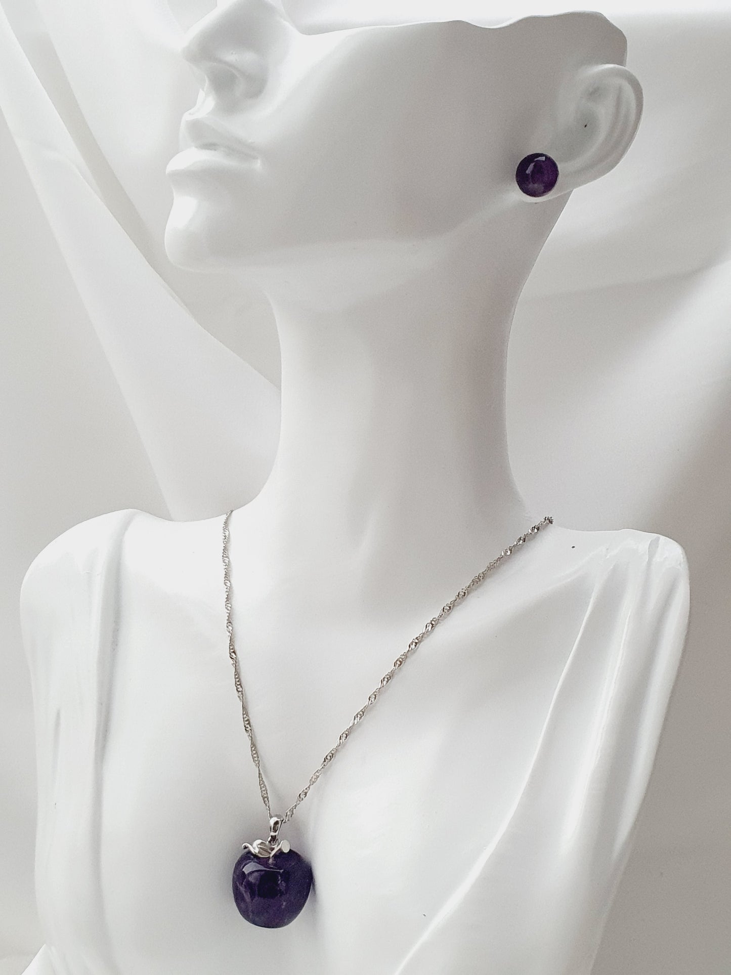 Amethyst natural stone jewellery set, bracelet earrings necklace with apple pendant, 8mm beaded, 925 silver