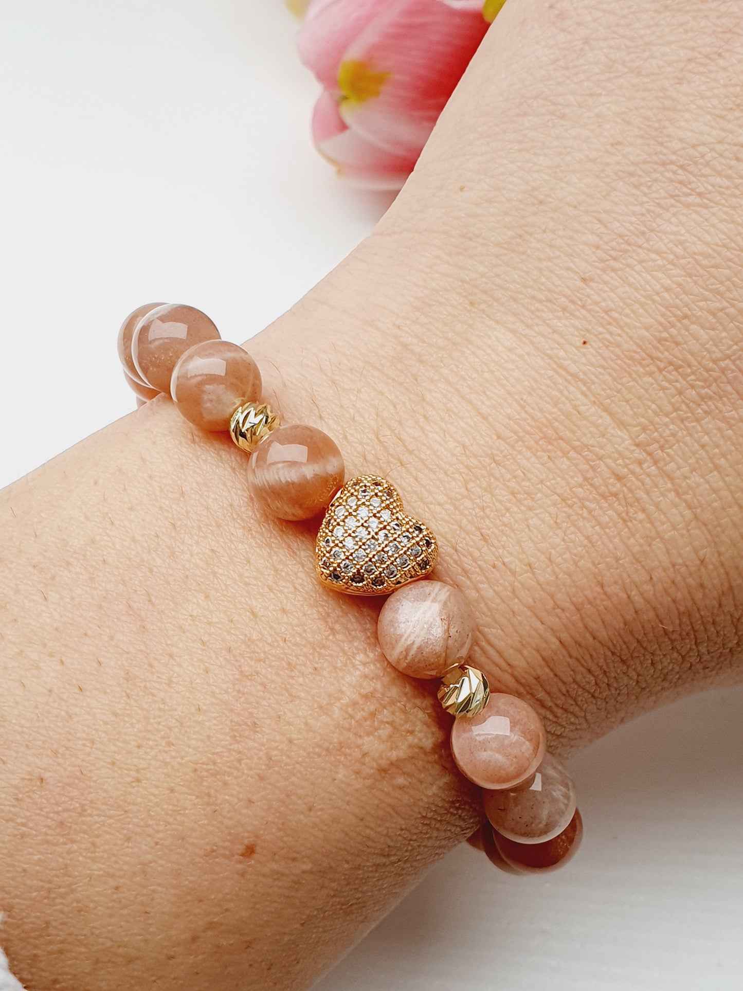 Sunstone Bracelet Natural Stone 8mm Beaded, Gold Plated Heart, Gift Box Jewellery