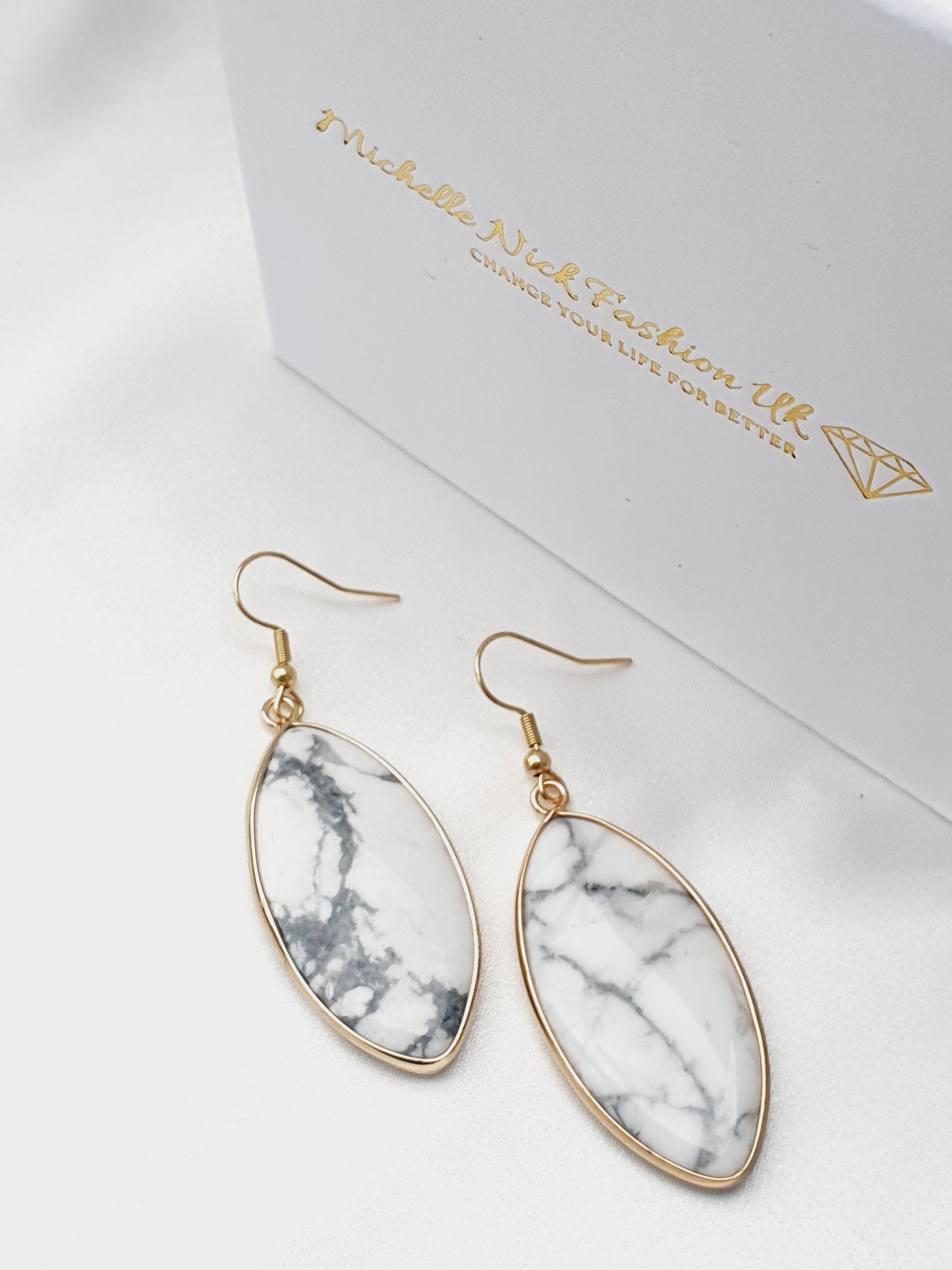 Earrings from natural stone Howlite, 18k gold plated, gift box jewellery, Handmade in Uk