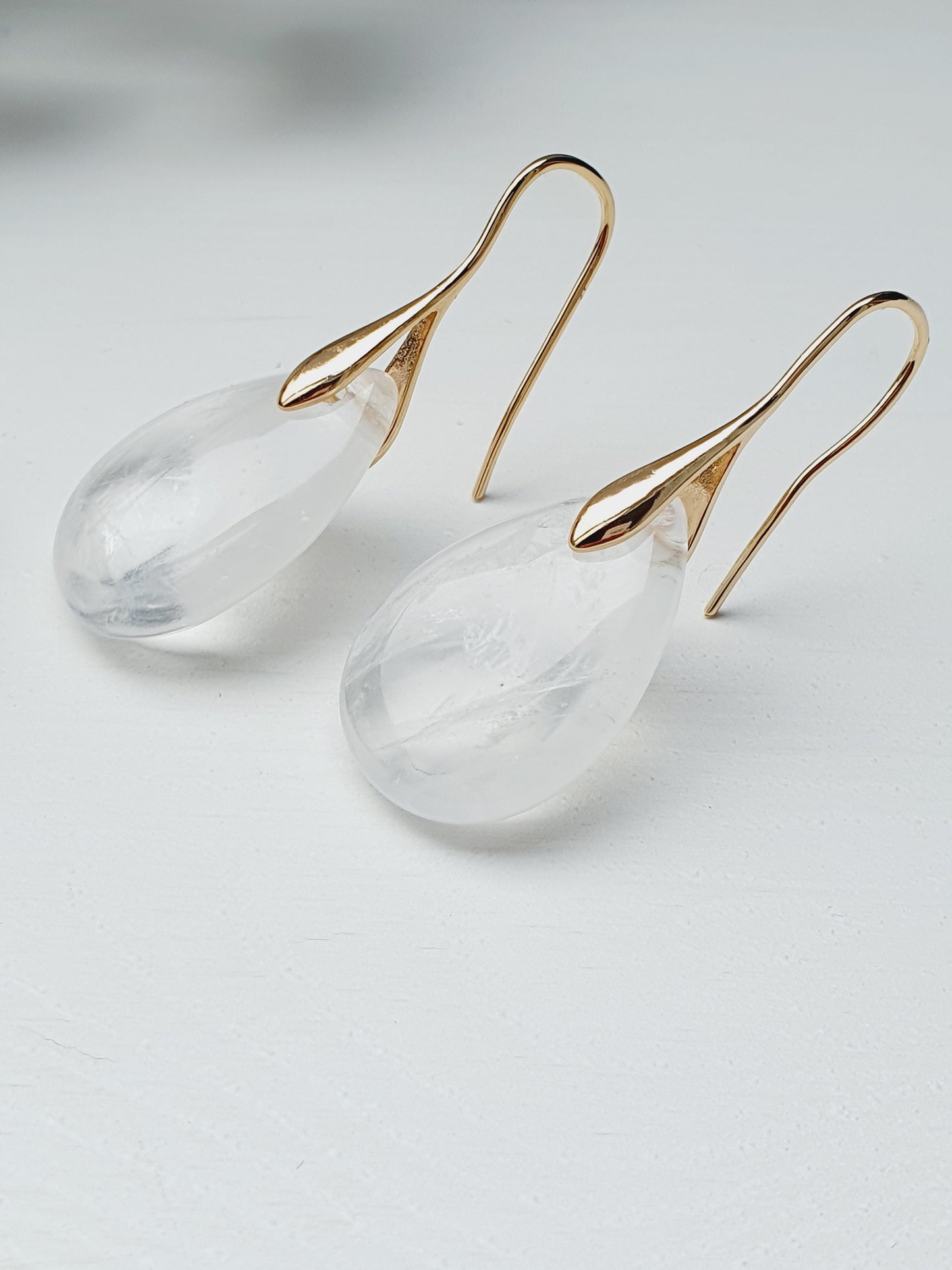 Selenite natural stone jewellery set, bracelet and earrings, 8mm beaded, 18k gold plated, Handmade in Uk