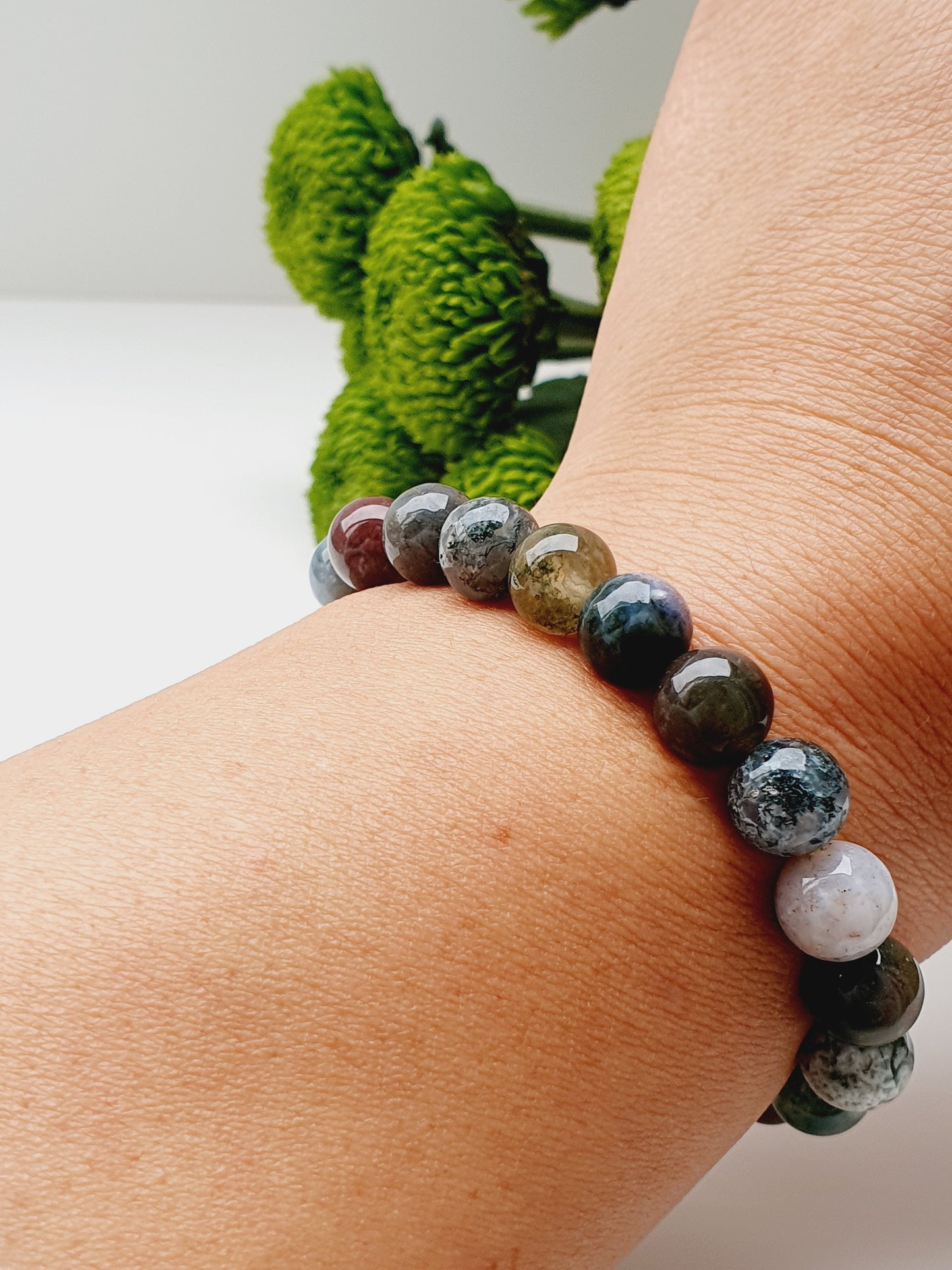 Indian Agate Natural Stone Bracelet 8mm Beaded, Gift Box Jewellery