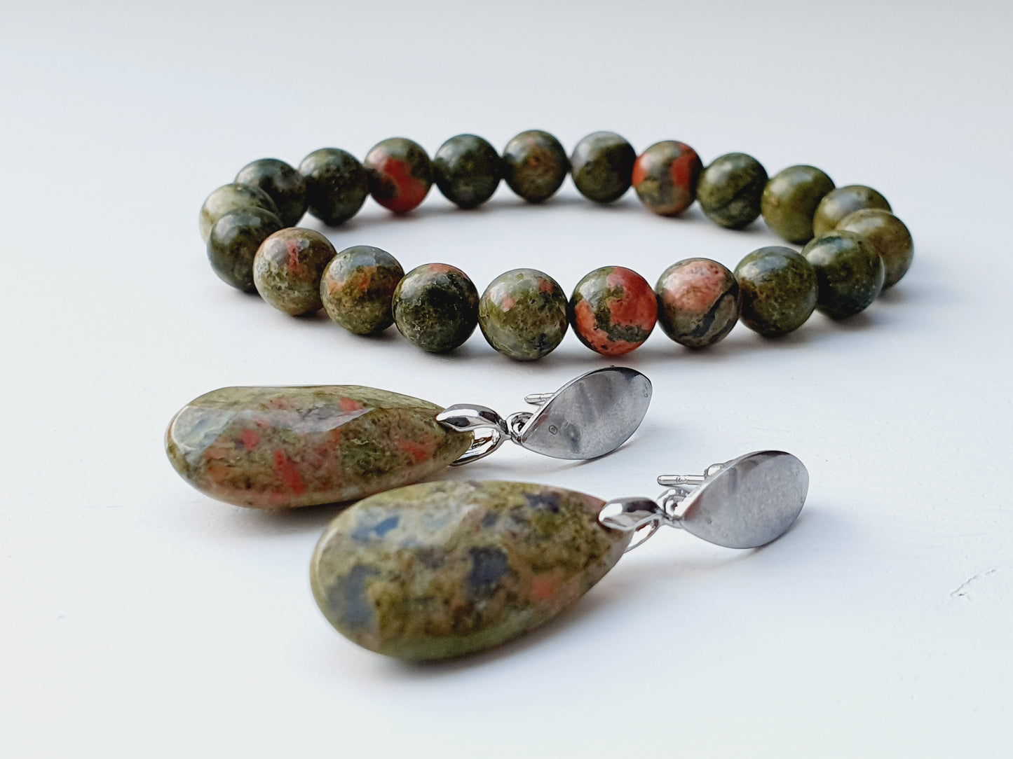 Unakite natural stone jewellery set, bracelet and earrings, 8mm beaded, Silver plated, Handmade in Uk