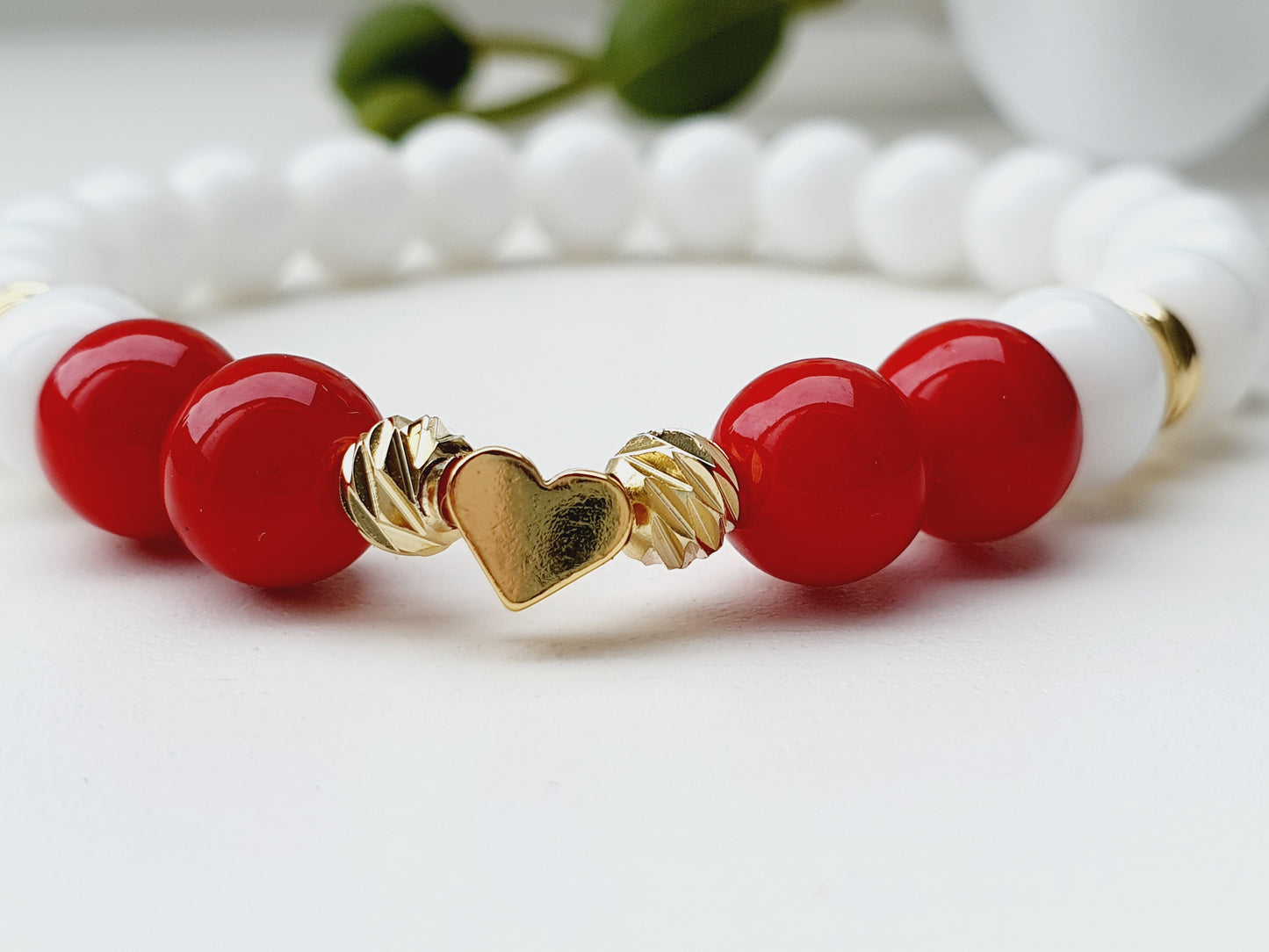 Onyx and Coral natural stone bracelet with heart gold plated 8mm bead