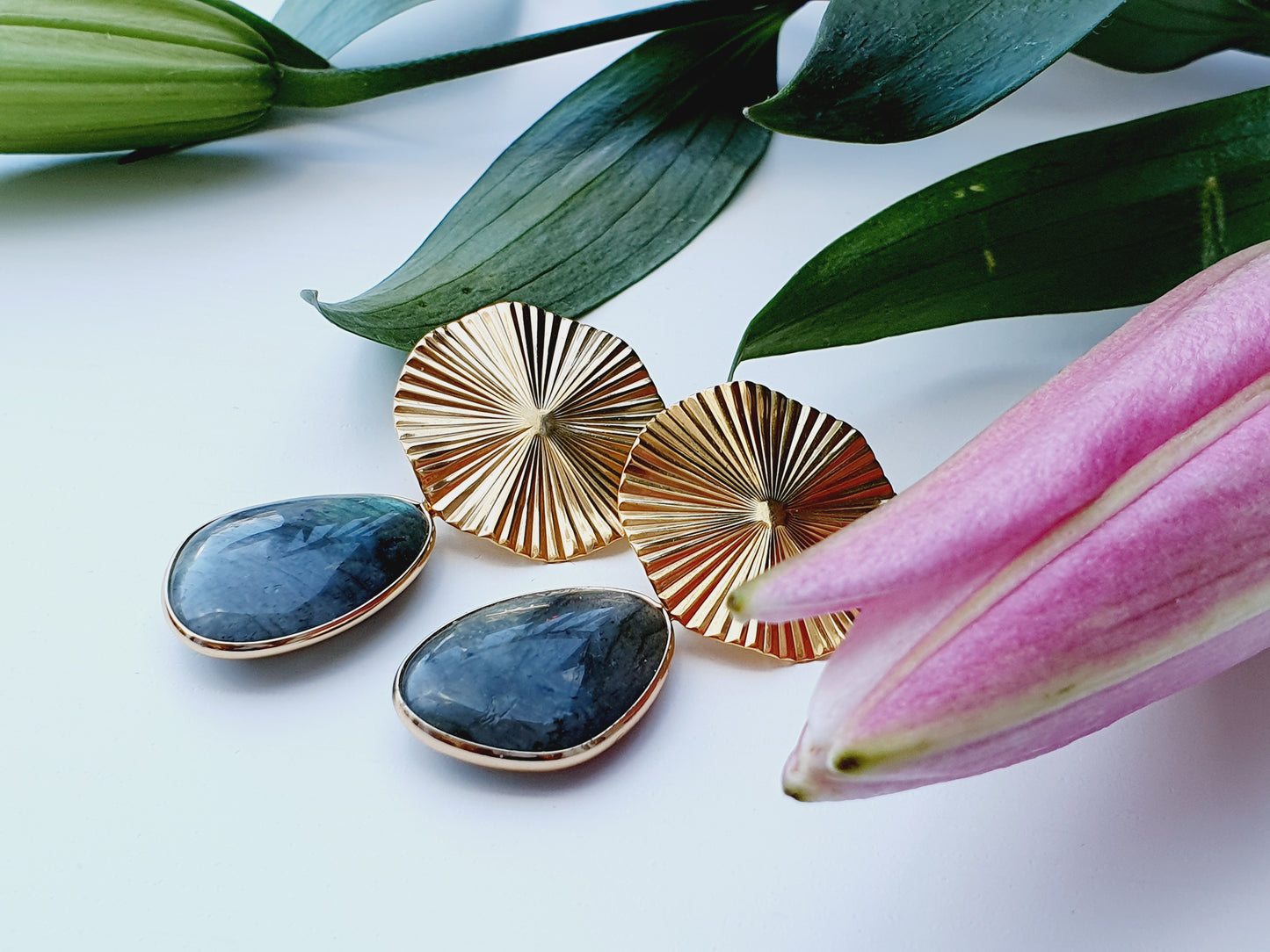 Earrings from natural stone Labradorite, 18k gold plated, gift box jewellery, Handmade in Uk