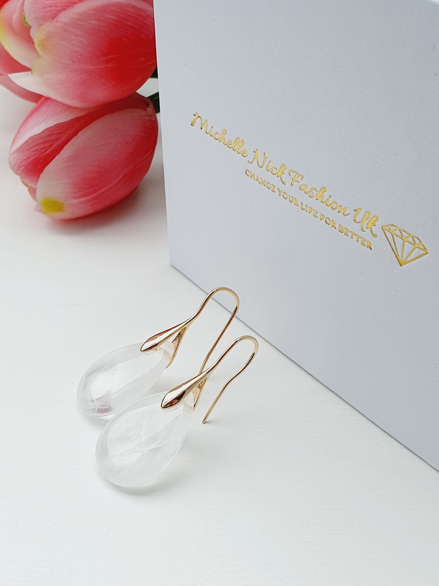 Selenite natural stone earrings 18k gold plated, gift box jewellery, handmade, UK