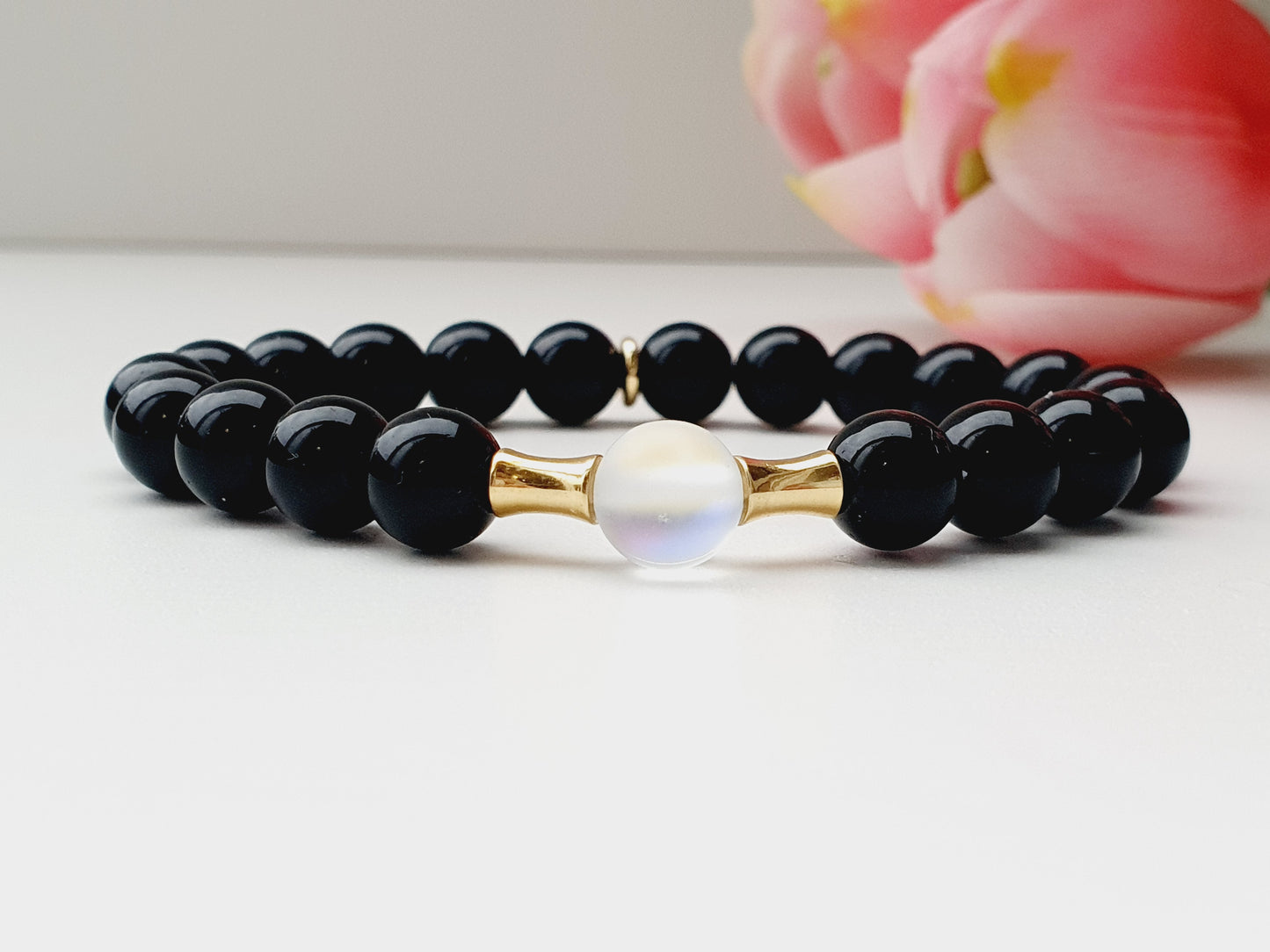Moonstone and Black Onyx natural stone bracelet 8mm beaded with 18k gold plated spacers, gift box jewellery, UK