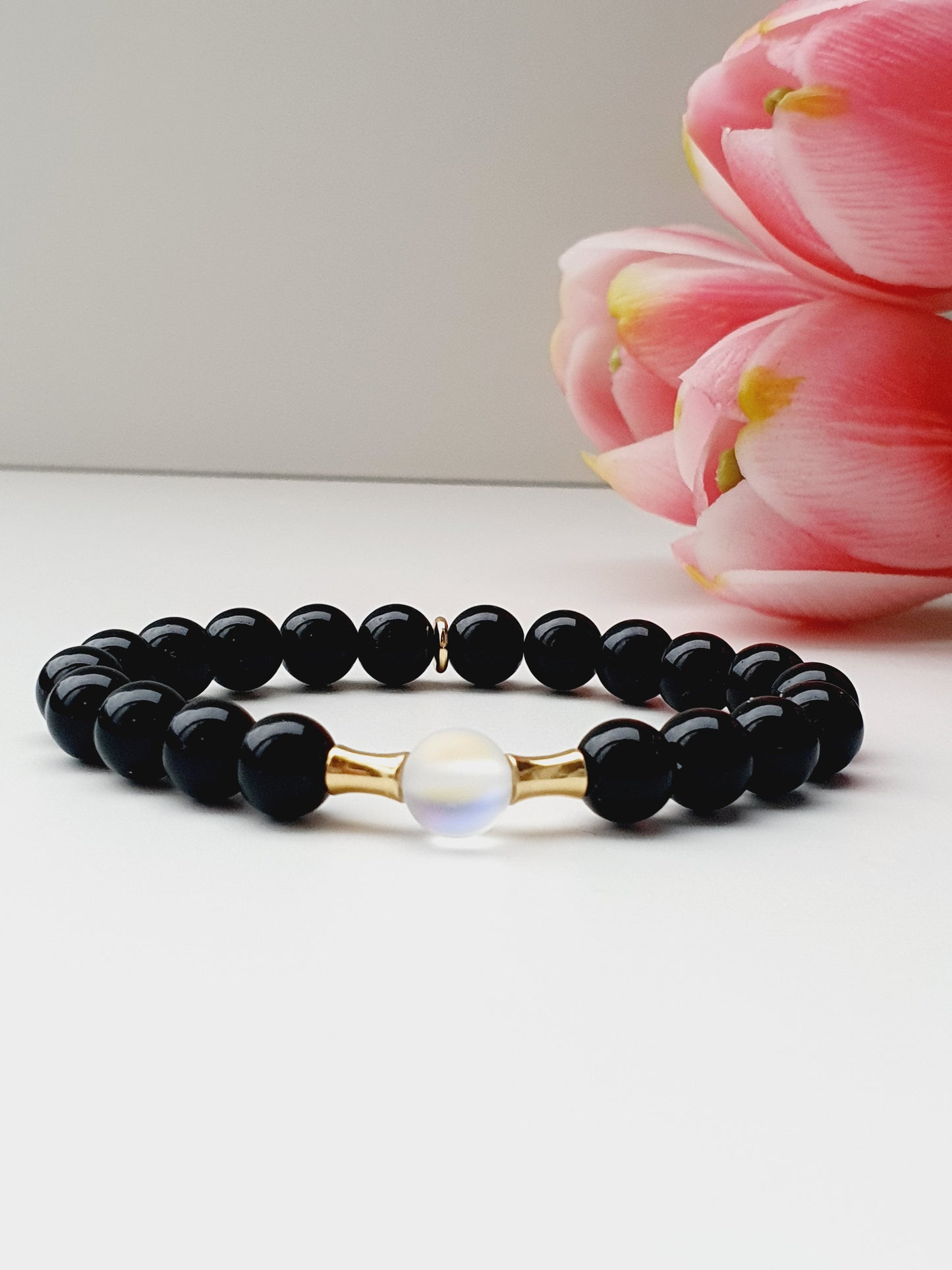 Moonstone and Black Onyx natural stone bracelet 8mm beaded with 18k gold plated spacers, gift box jewellery, UK
