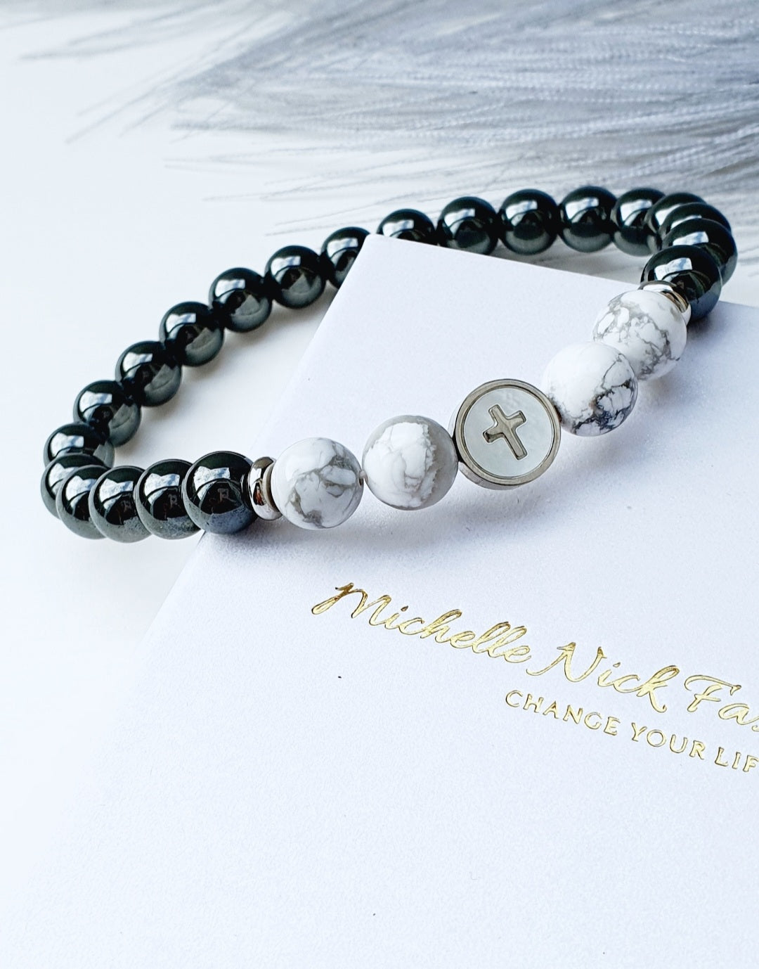 Howlite and Hematite natural stone bracelet 8mm beaded, charm cross, gift box jewellery