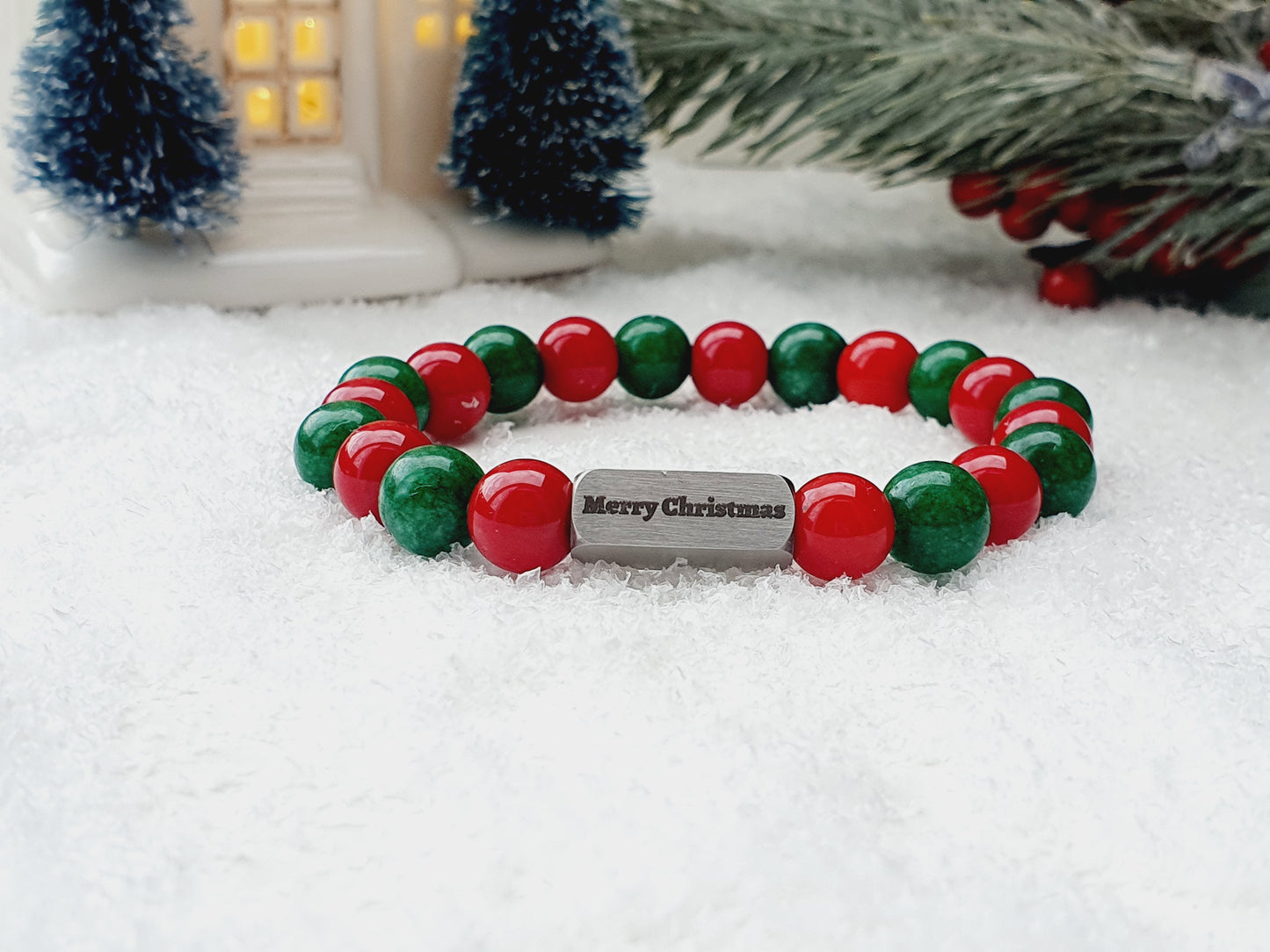 Christmas bracelet from Coral and Jade natural stone 8mm beaded, 304 stainless steel with sign Merry Christmas, gift box jewellery, UK