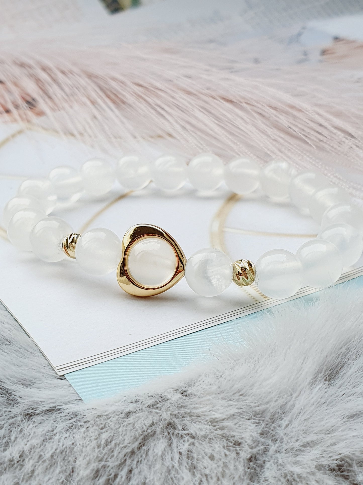 Selenite natural stone jewellery set, bracelet and earrings, 8mm beaded, 18k gold plated, Handmade in Uk