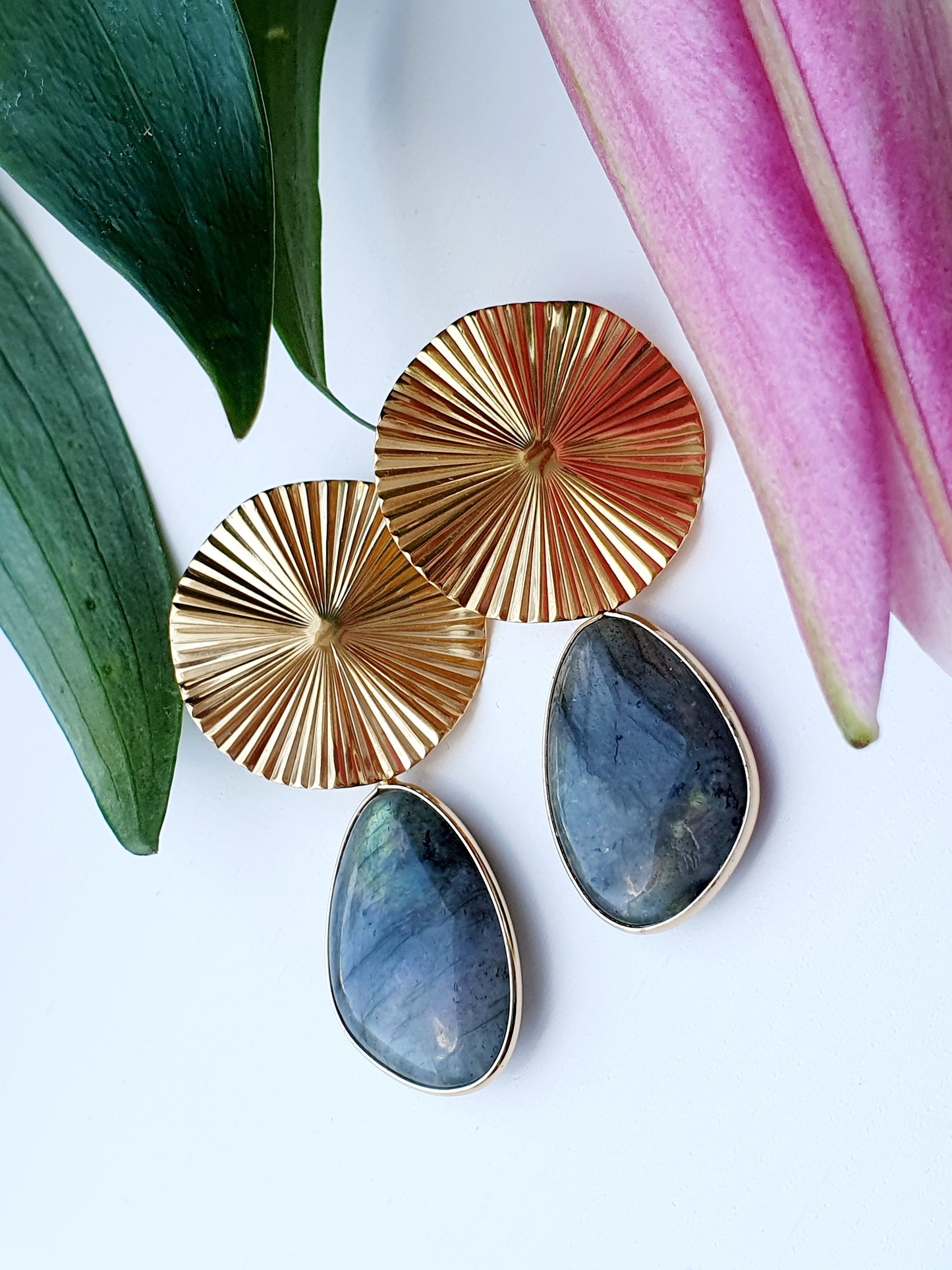 Earrings from natural stone Labradorite, 18k gold plated, gift box jewellery, Handmade in Uk