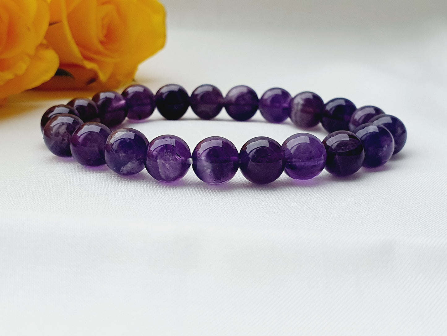 Amethyst natural stone jewellery set, bracelet and earrings, 8mm beaded, Silver plated, Handmade in Uk
