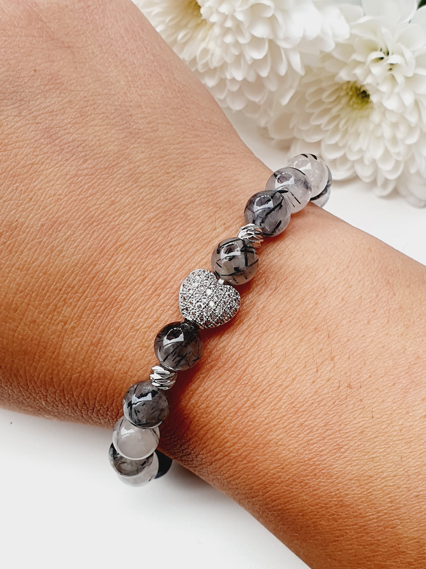 Tourmaline Quartz gemstone bracelet with silver plated zircon heart 8mm bead
